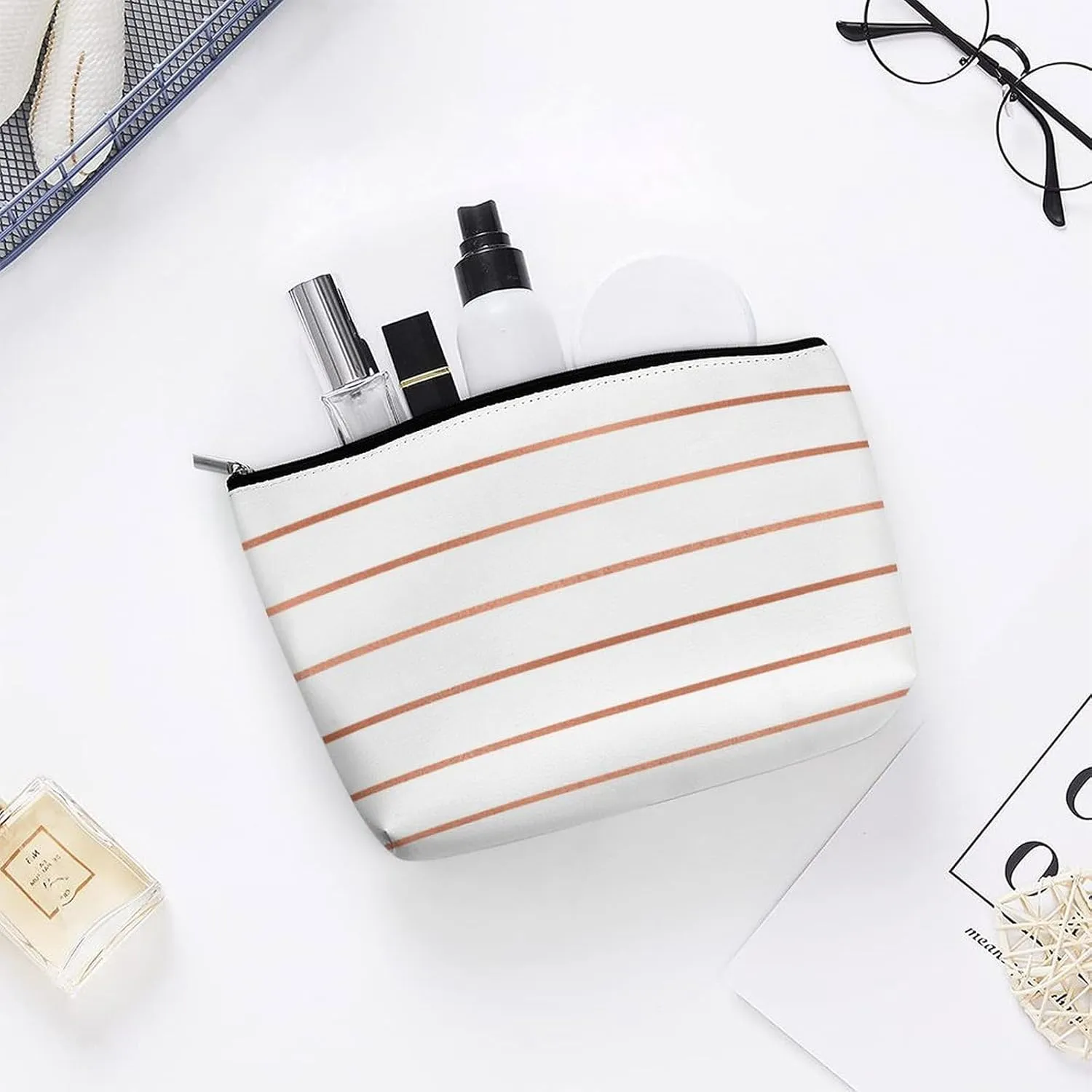 Elegant Makeup Bag, White Rose Gold Blush Copper Stripes Cosmetic Bag Large Capacity Pouch Portable Organizer for Men & Women