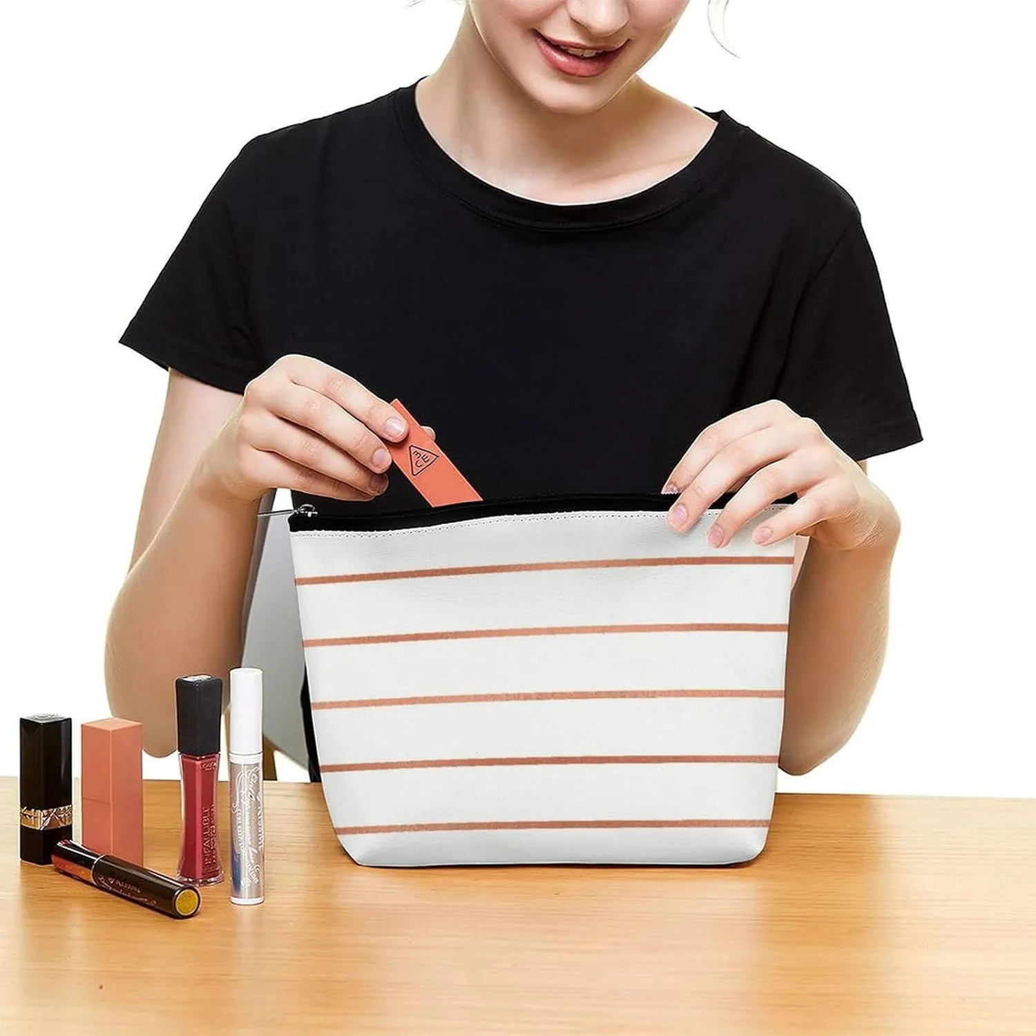 Elegant Makeup Bag, White Rose Gold Blush Copper Stripes Cosmetic Bag Large Capacity Pouch Portable Organizer for Men & Women