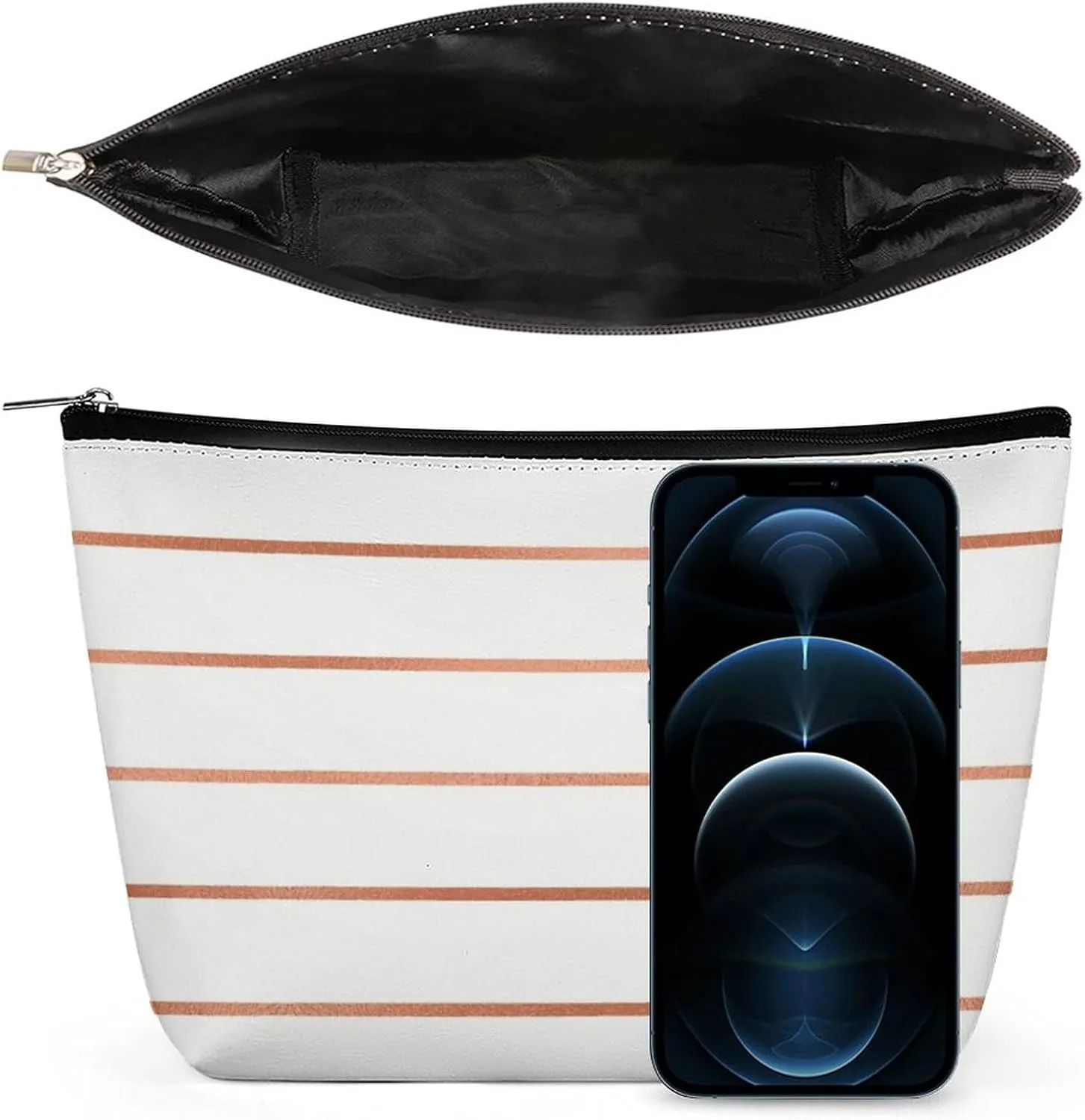 Elegant Makeup Bag, White Rose Gold Blush Copper Stripes Cosmetic Bag Large Capacity Pouch Portable Organizer for Men & Women
