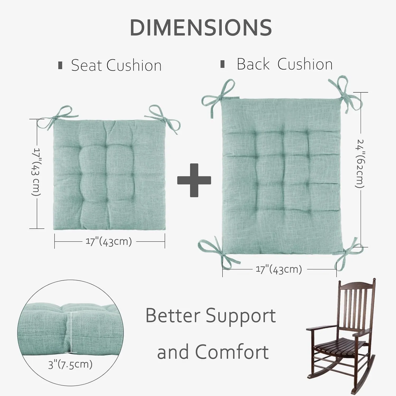 ELFJOY Rocking Chair Cushion Large Rocking Chair Pads with Ties Premium Linen High Back and Seat Cushion 2 Piece Set Linen Blue
