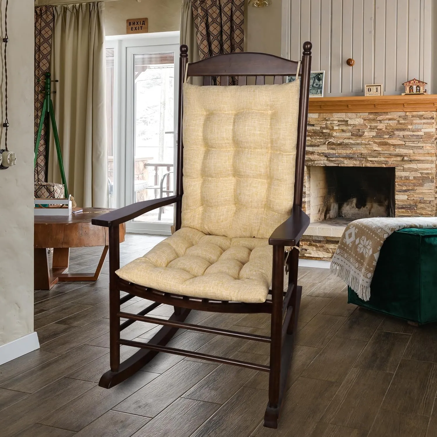 ELFJOY Rocking Chair Cushion Large Rocking Chair Pads with Ties Premium Linen High Back and Seat Cushion 2 Piece Set Linen Yellow