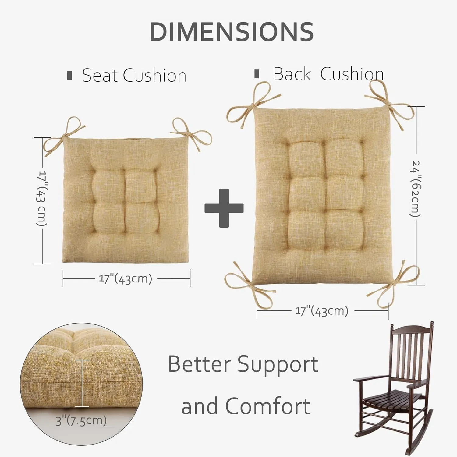 ELFJOY Rocking Chair Cushion Large Rocking Chair Pads with Ties Premium Linen High Back and Seat Cushion 2 Piece Set Linen Yellow