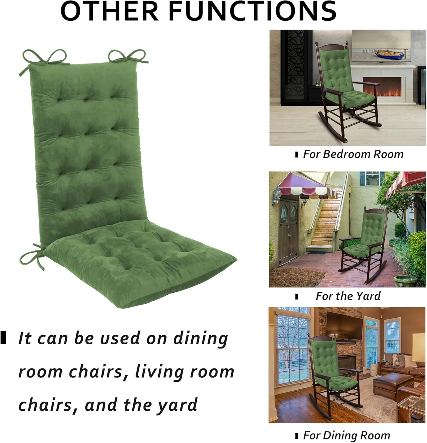 ELFJOY Rocking Chair Cushion Large Rocking Chair Pads with Ties Premium Tufted High Back and Seat Cushion 2 Piece Set Green