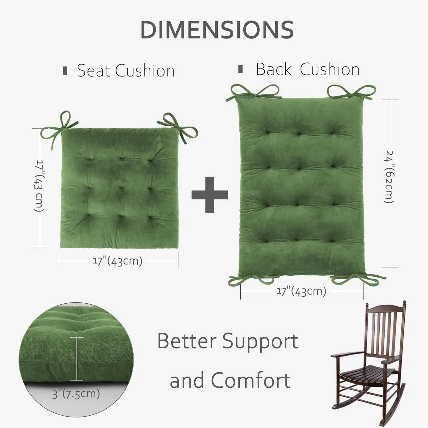 ELFJOY Rocking Chair Cushion Large Rocking Chair Pads with Ties Premium Tufted High Back and Seat Cushion 2 Piece Set Green