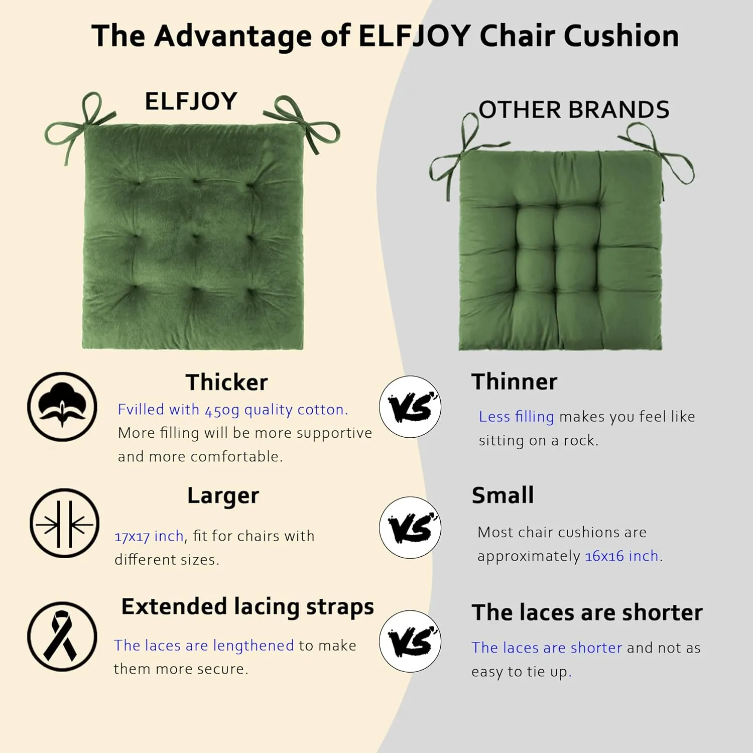 ELFJOY Rocking Chair Cushion Large Rocking Chair Pads with Ties Premium Tufted High Back and Seat Cushion 2 Piece Set Green