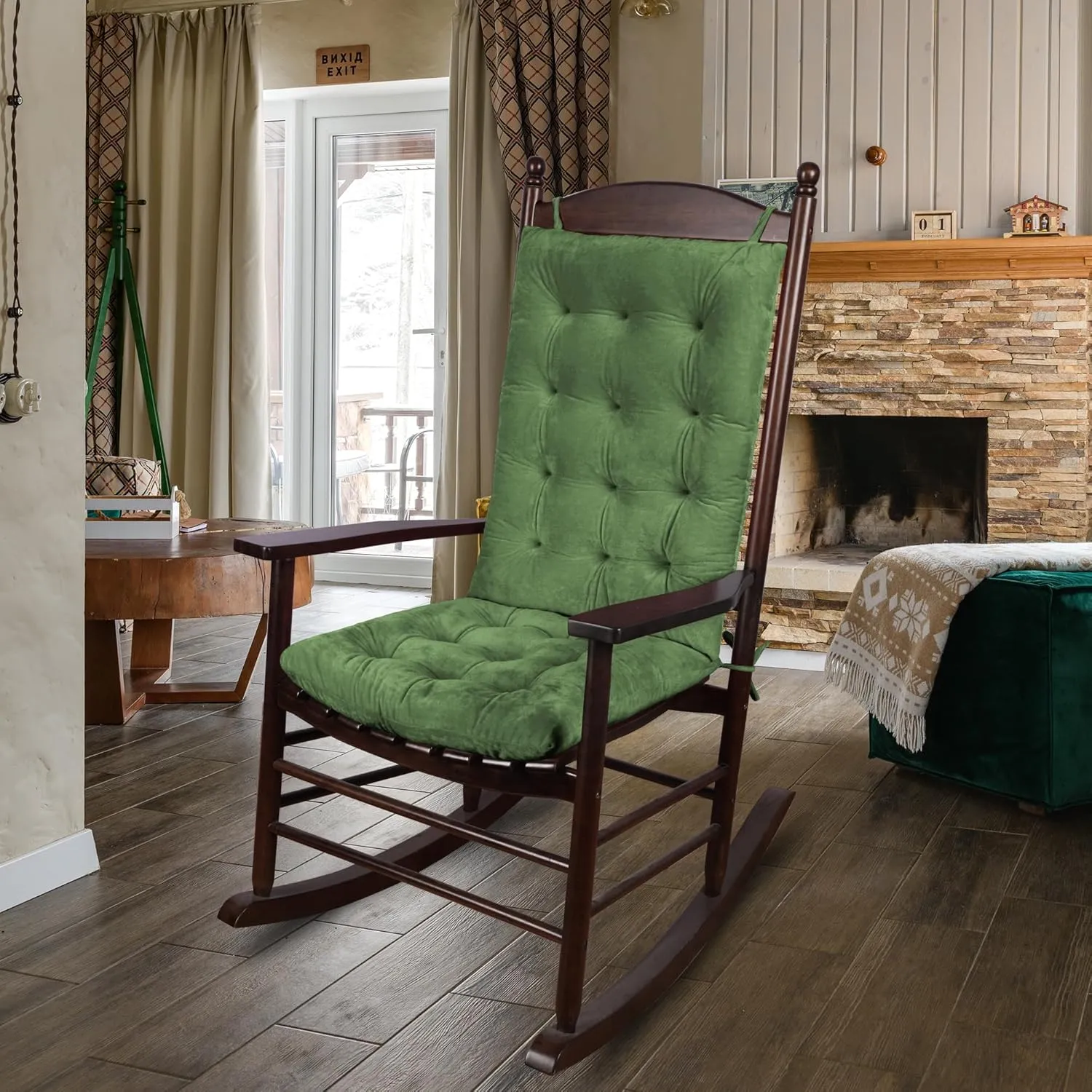 ELFJOY Rocking Chair Cushion Large Rocking Chair Pads with Ties Premium Tufted High Back and Seat Cushion 2 Piece Set Green