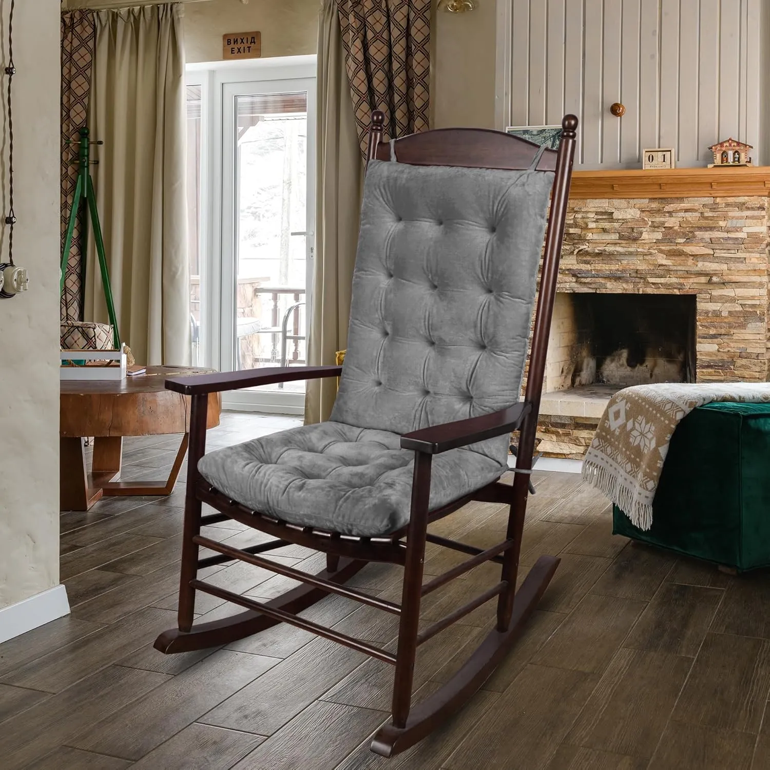 ELFJOY Rocking Chair Cushion Large Rocking Chair Pads with Ties Premium Tufted High Back and Seat Cushion 2 Piece Set Grey