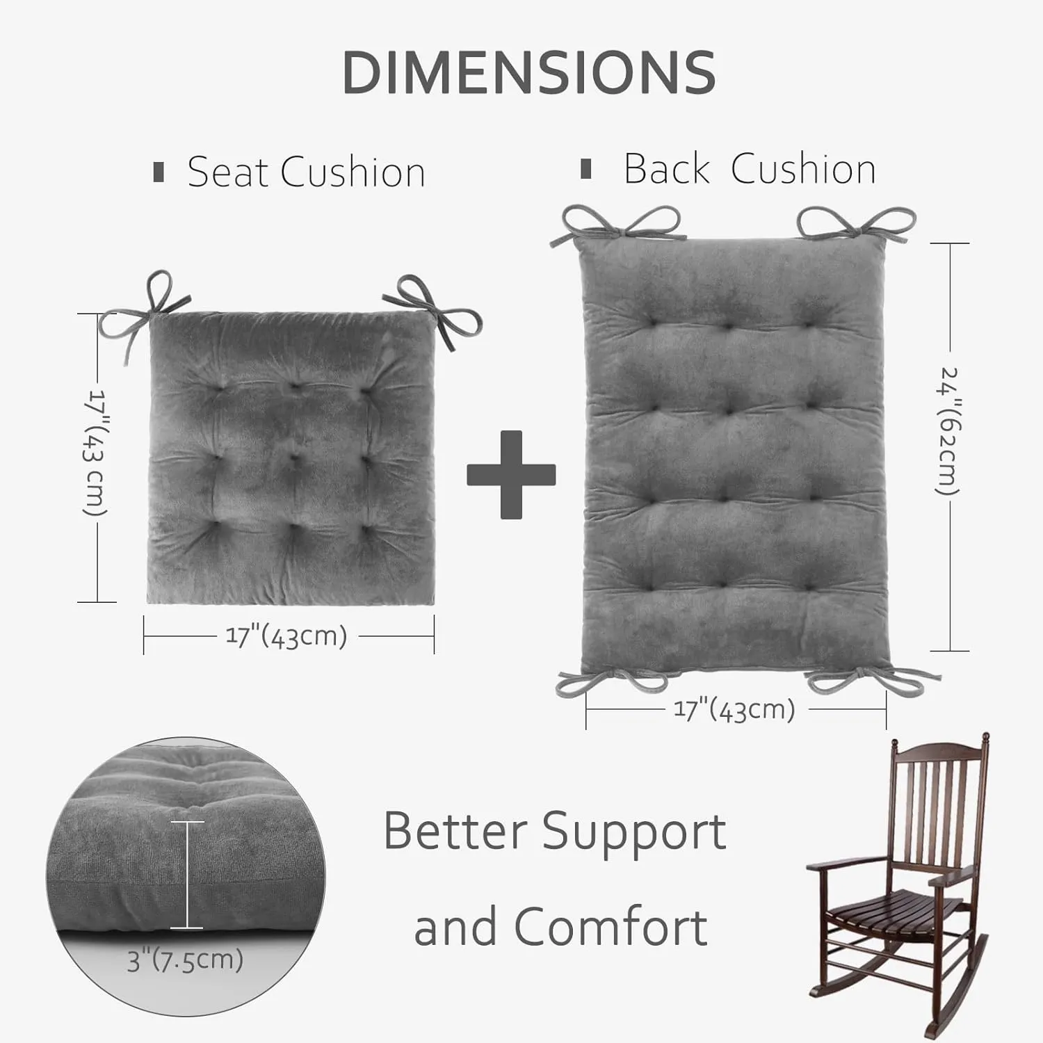 ELFJOY Rocking Chair Cushion Large Rocking Chair Pads with Ties Premium Tufted High Back and Seat Cushion 2 Piece Set Grey