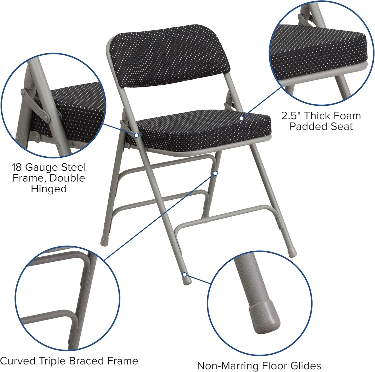 EMMA   OLIVER 2 Pack Premium Curved Triple Braced & Double Hinged Black Pin-Dot Fabric Metal Folding Chair