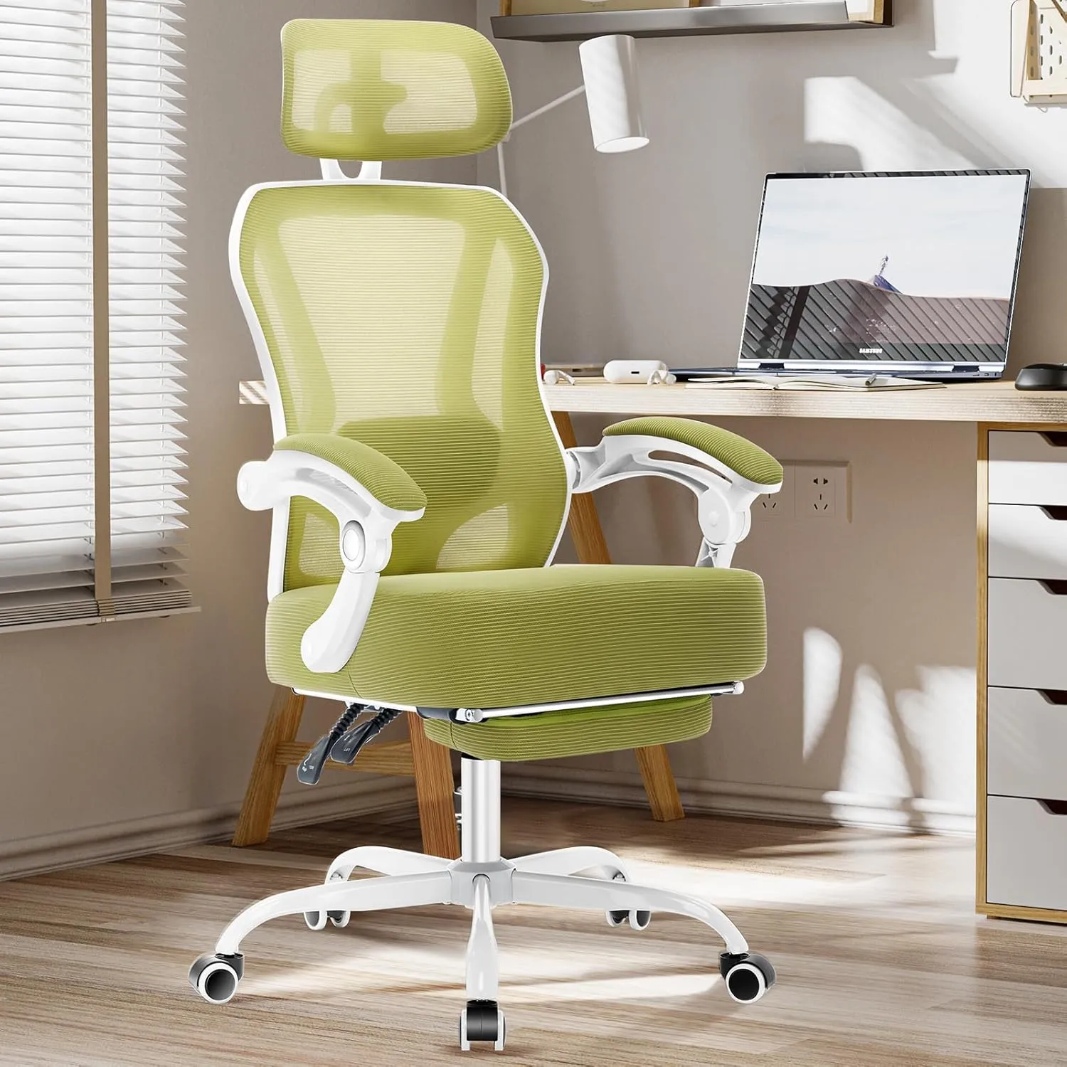 Ergonomic Office Chair with Footrest,Ultra Thick Reclining Office Desk Chair with Adjustable 2D Lumbar Support and Headrest,Spring Cushion,High Back Premium Mesh Computer Chair Office Chairs,Green