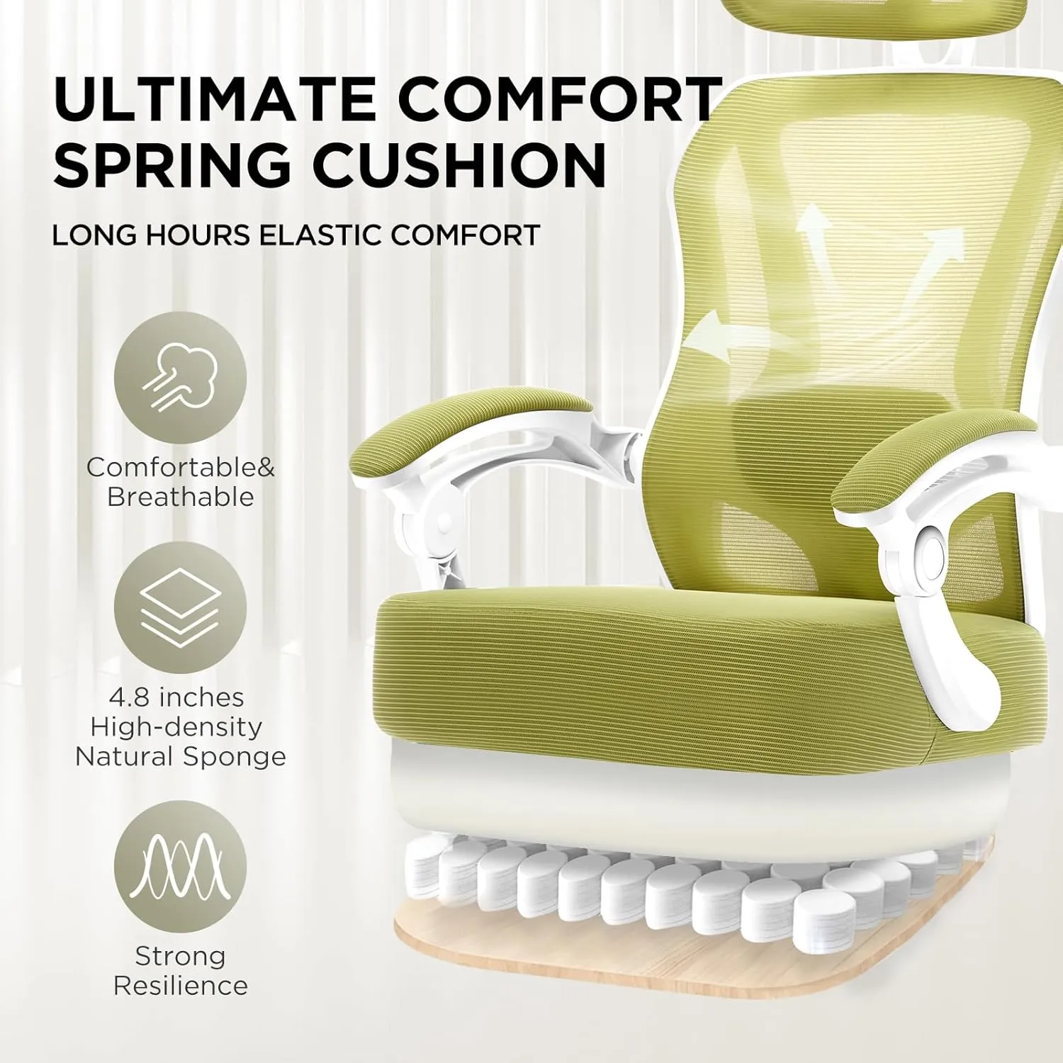 Ergonomic Office Chair with Footrest,Ultra Thick Reclining Office Desk Chair with Adjustable 2D Lumbar Support and Headrest,Spring Cushion,High Back Premium Mesh Computer Chair Office Chairs,Green