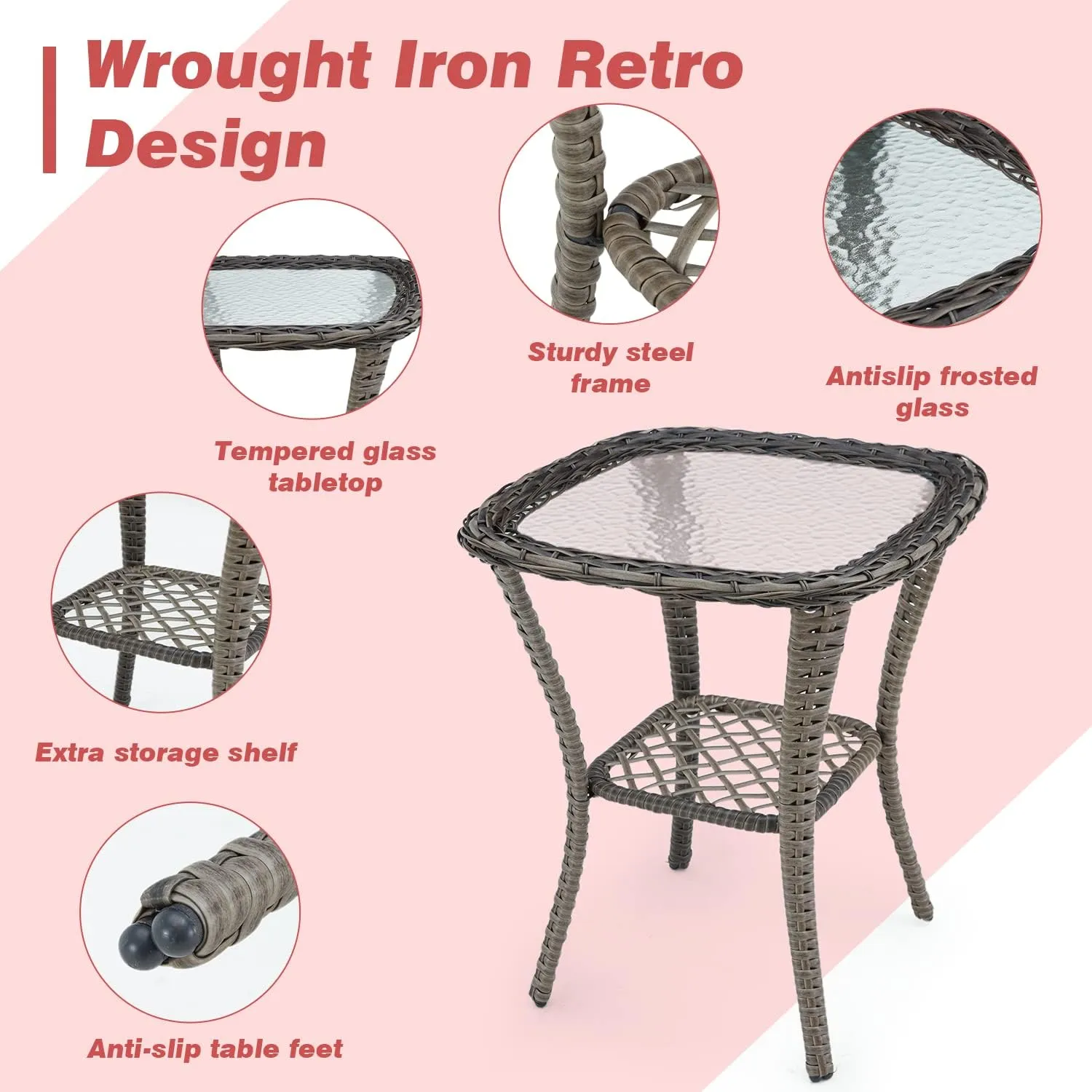 EROMMY 5 Pieces Outdoor Swivel Rocker Patio Chairs, 360 Degree Rocking Patio Conversation Set with Thickened Cushions, Glass Coffee Table and Ottomans for Backyard, Wine Red