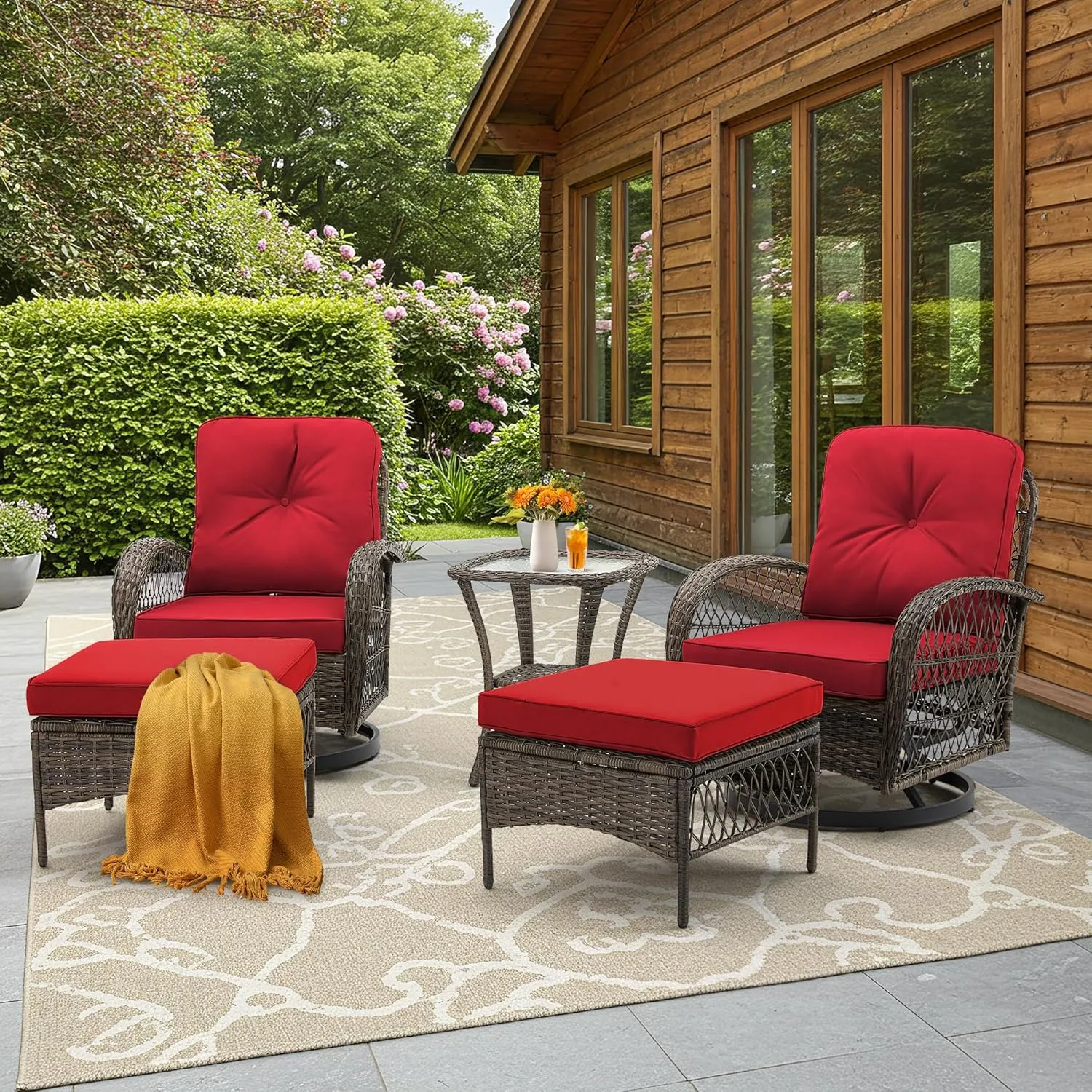 EROMMY 5 Pieces Outdoor Swivel Rocker Patio Chairs, 360 Degree Rocking Patio Conversation Set with Thickened Cushions, Glass Coffee Table and Ottomans for Backyard, Wine Red