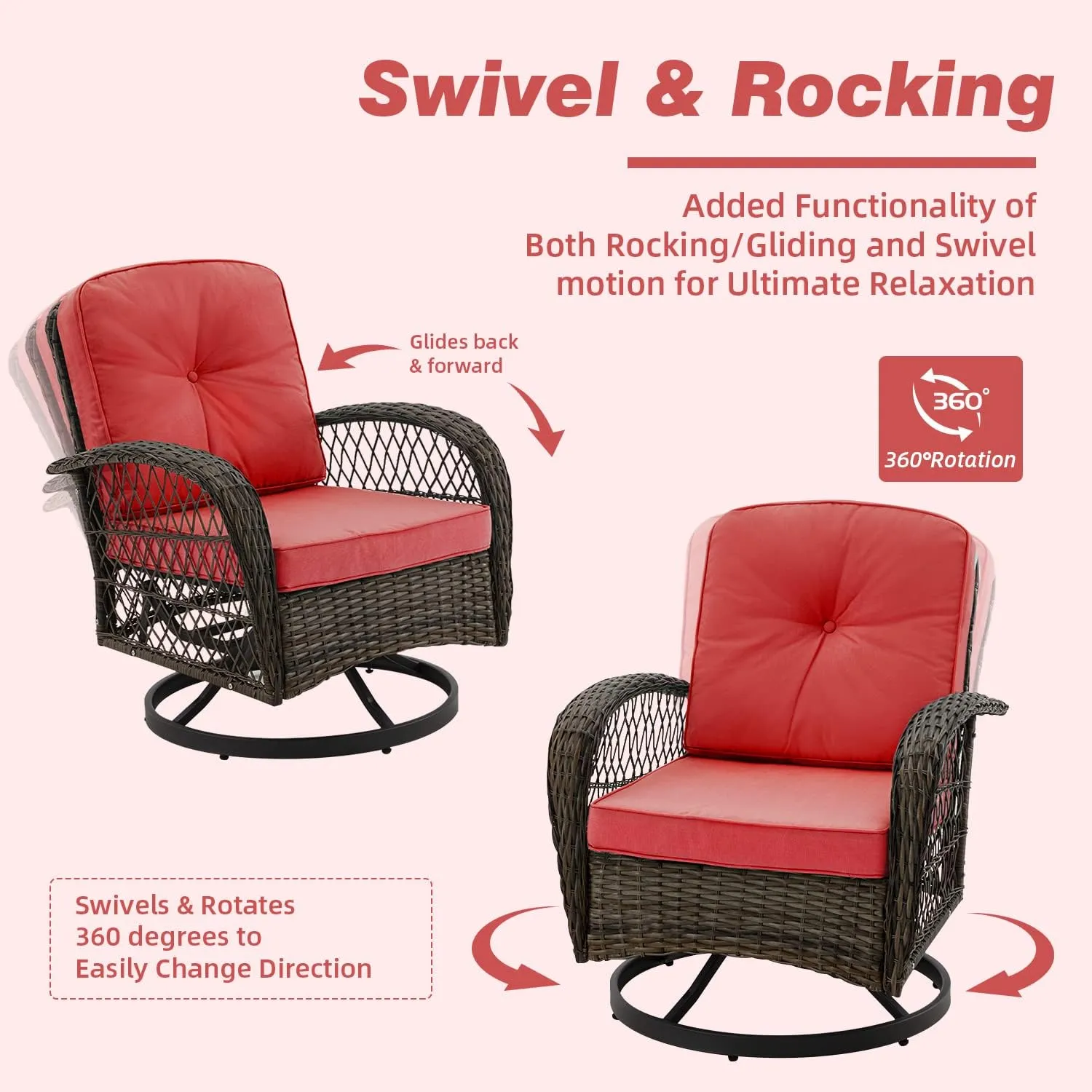EROMMY 5 Pieces Outdoor Swivel Rocker Patio Chairs, 360 Degree Rocking Patio Conversation Set with Thickened Cushions, Glass Coffee Table and Ottomans for Backyard, Wine Red