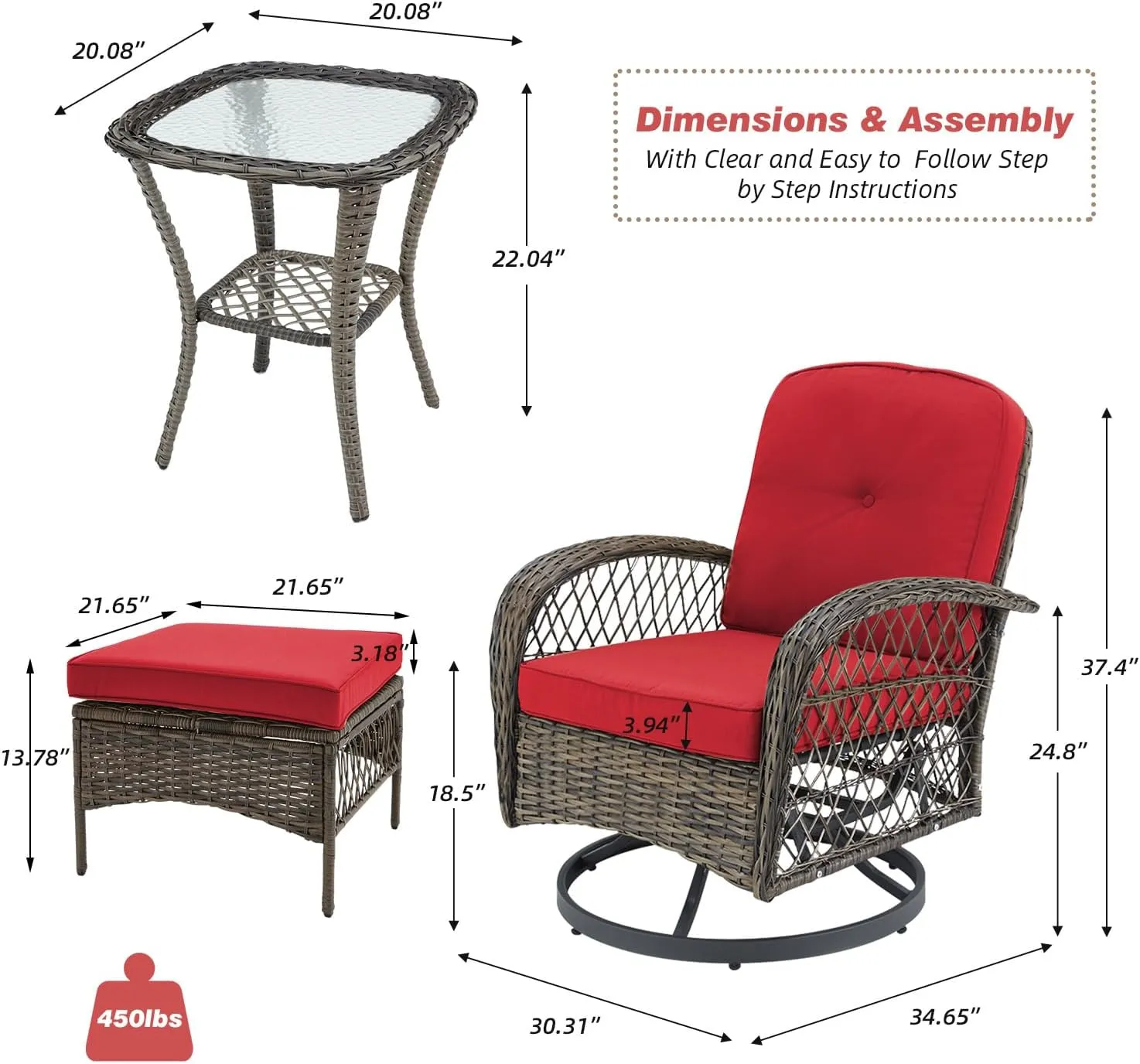 EROMMY 5 Pieces Outdoor Swivel Rocker Patio Chairs, 360 Degree Rocking Patio Conversation Set with Thickened Cushions, Glass Coffee Table and Ottomans for Backyard, Wine Red