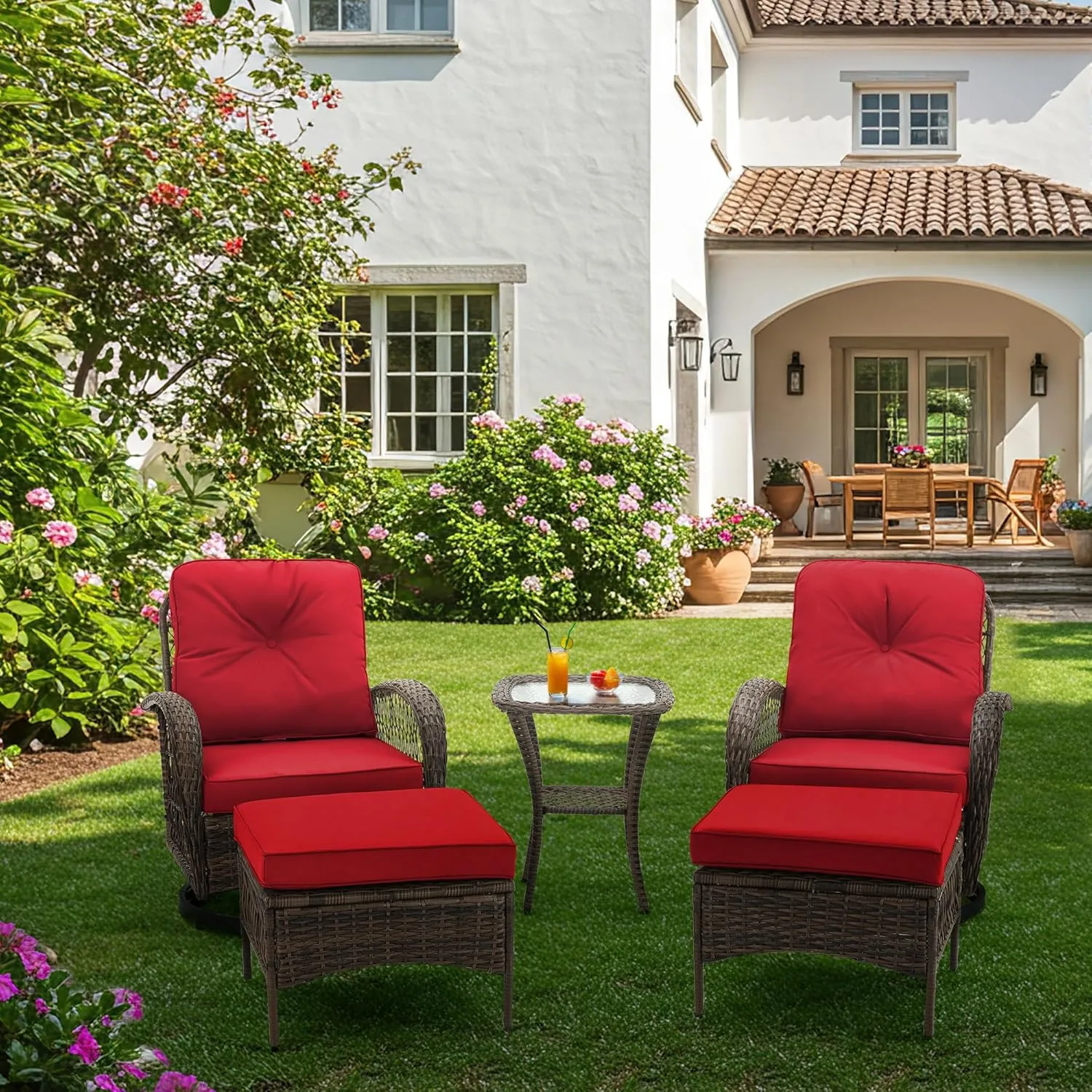 EROMMY 5 Pieces Outdoor Swivel Rocker Patio Chairs, 360 Degree Rocking Patio Conversation Set with Thickened Cushions, Glass Coffee Table and Ottomans for Backyard, Wine Red