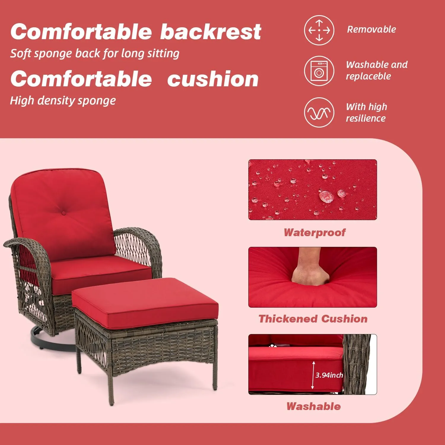 EROMMY 5 Pieces Outdoor Swivel Rocker Patio Chairs, 360 Degree Rocking Patio Conversation Set with Thickened Cushions, Glass Coffee Table and Ottomans for Backyard, Wine Red
