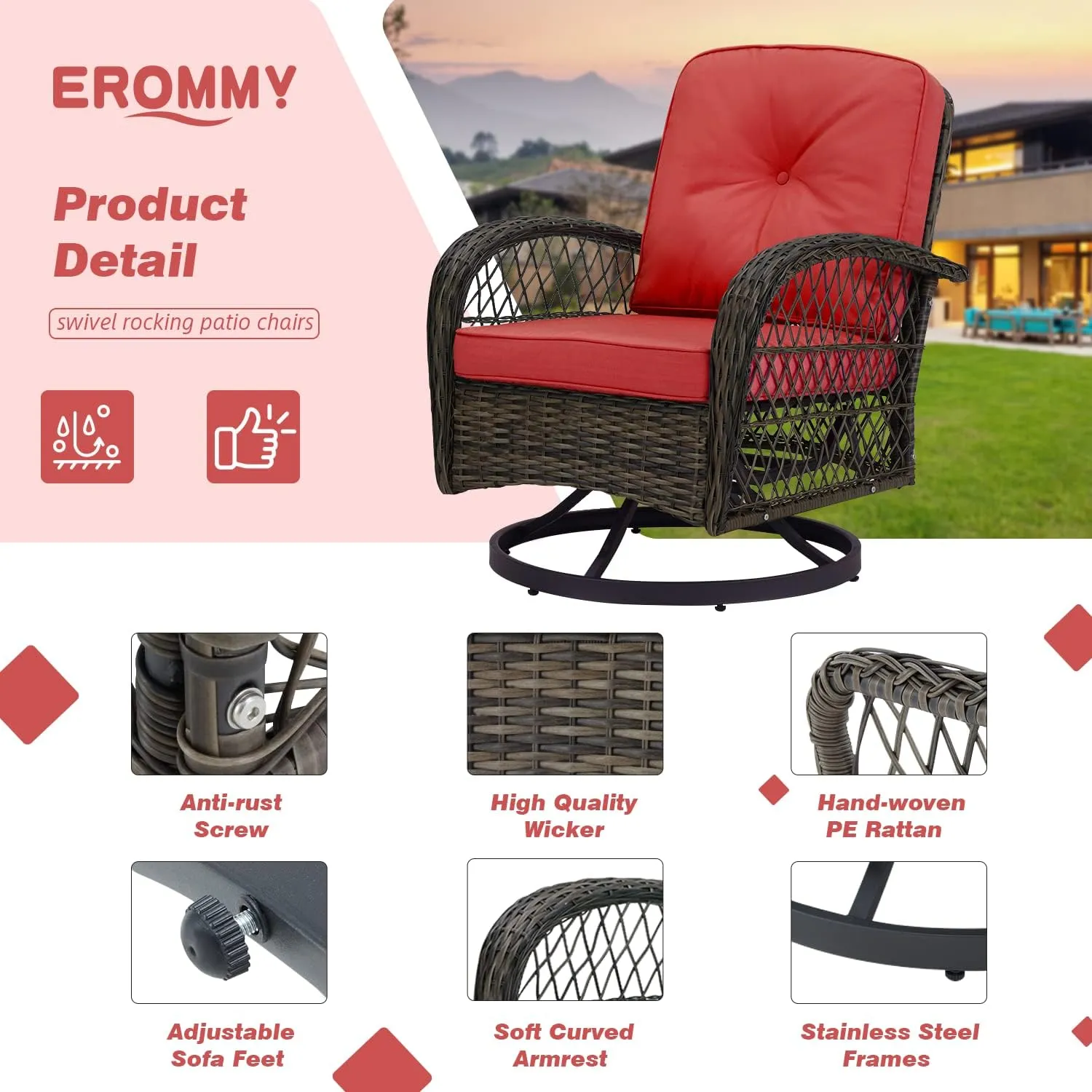 EROMMY 5 Pieces Outdoor Swivel Rocker Patio Chairs, 360 Degree Rocking Patio Conversation Set with Thickened Cushions, Glass Coffee Table and Ottomans for Backyard, Wine Red