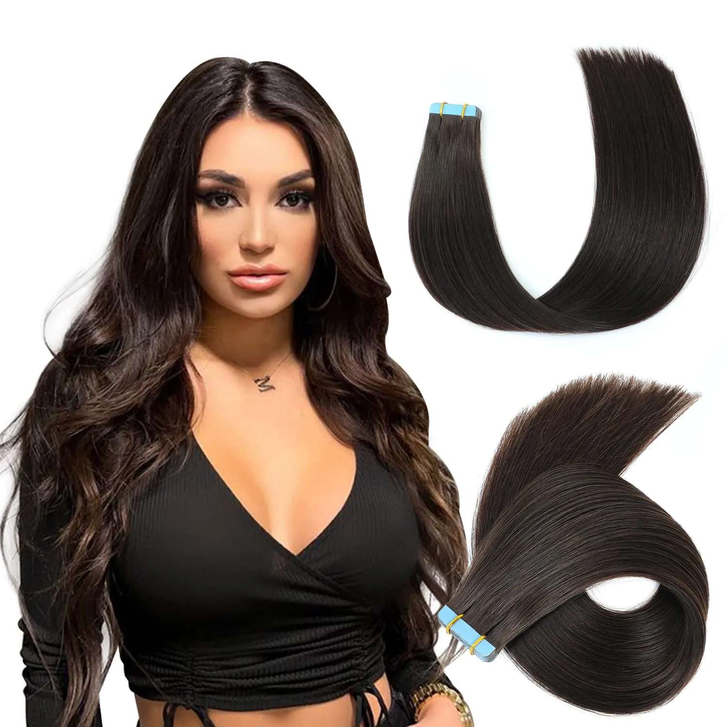 Evala Tape-in Hair Extensions - Dark Brown Human Hair, 20pcs 40g, 14 Inch