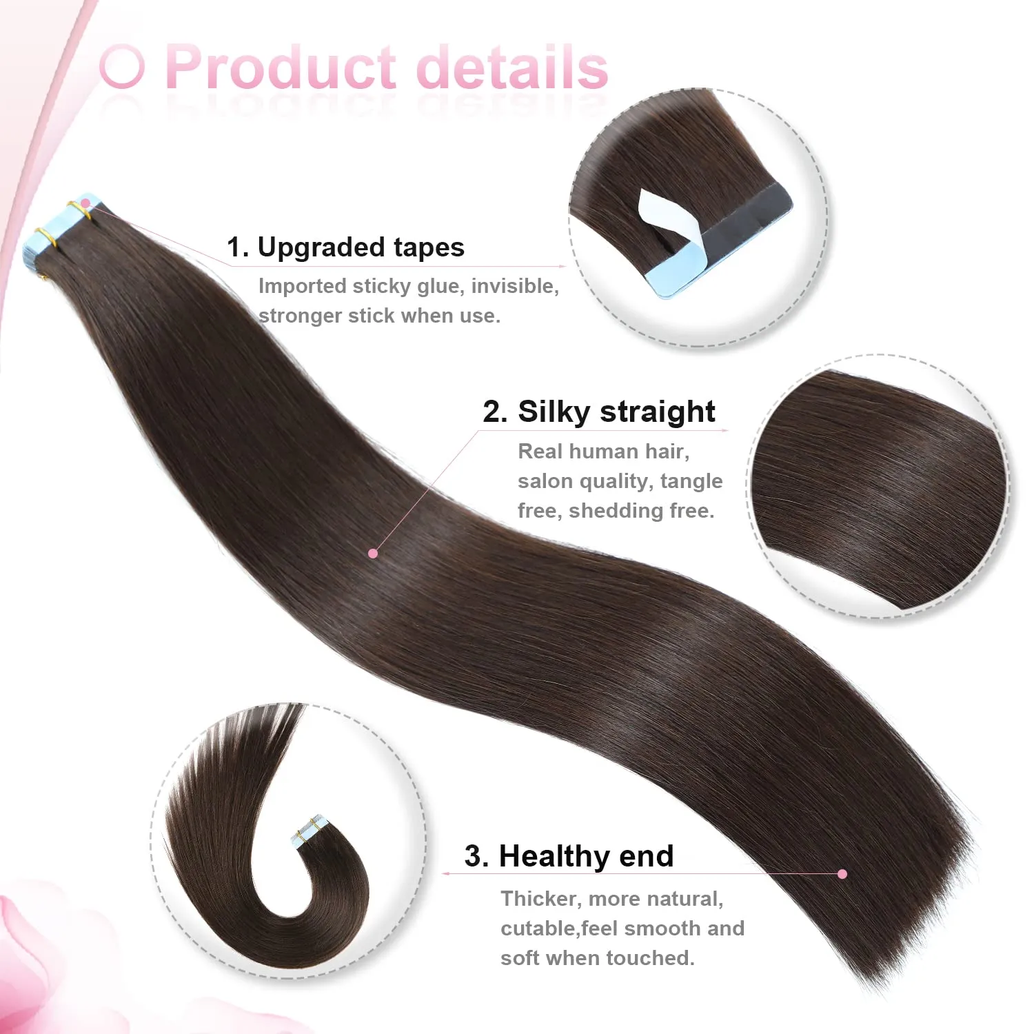 Evala Tape-in Hair Extensions - Dark Brown Human Hair, 20pcs 40g, 14 Inch