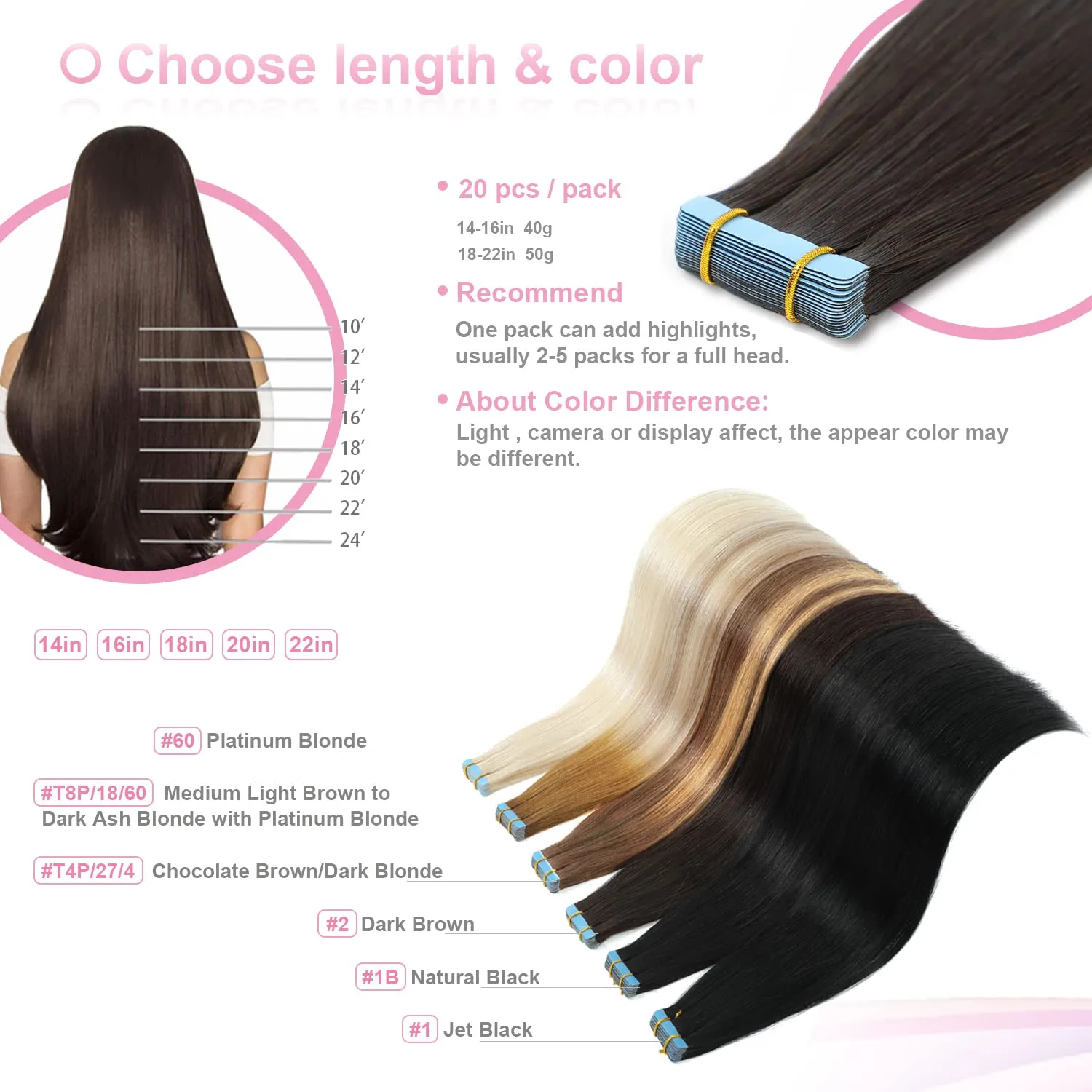 Evala Tape-in Hair Extensions - Dark Brown Human Hair, 20pcs 40g, 14 Inch