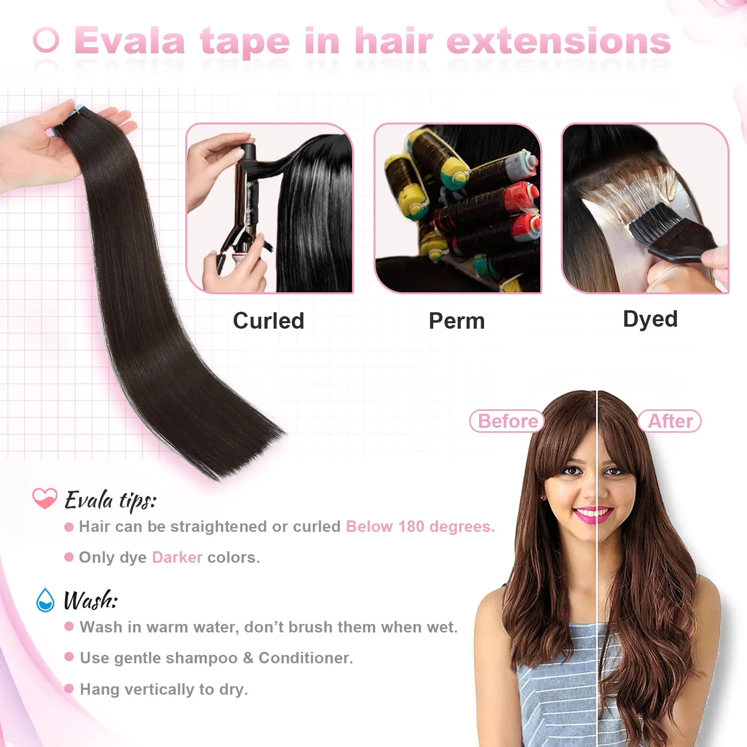 Evala Tape-in Hair Extensions - Dark Brown Human Hair, 20pcs 40g, 14 Inch