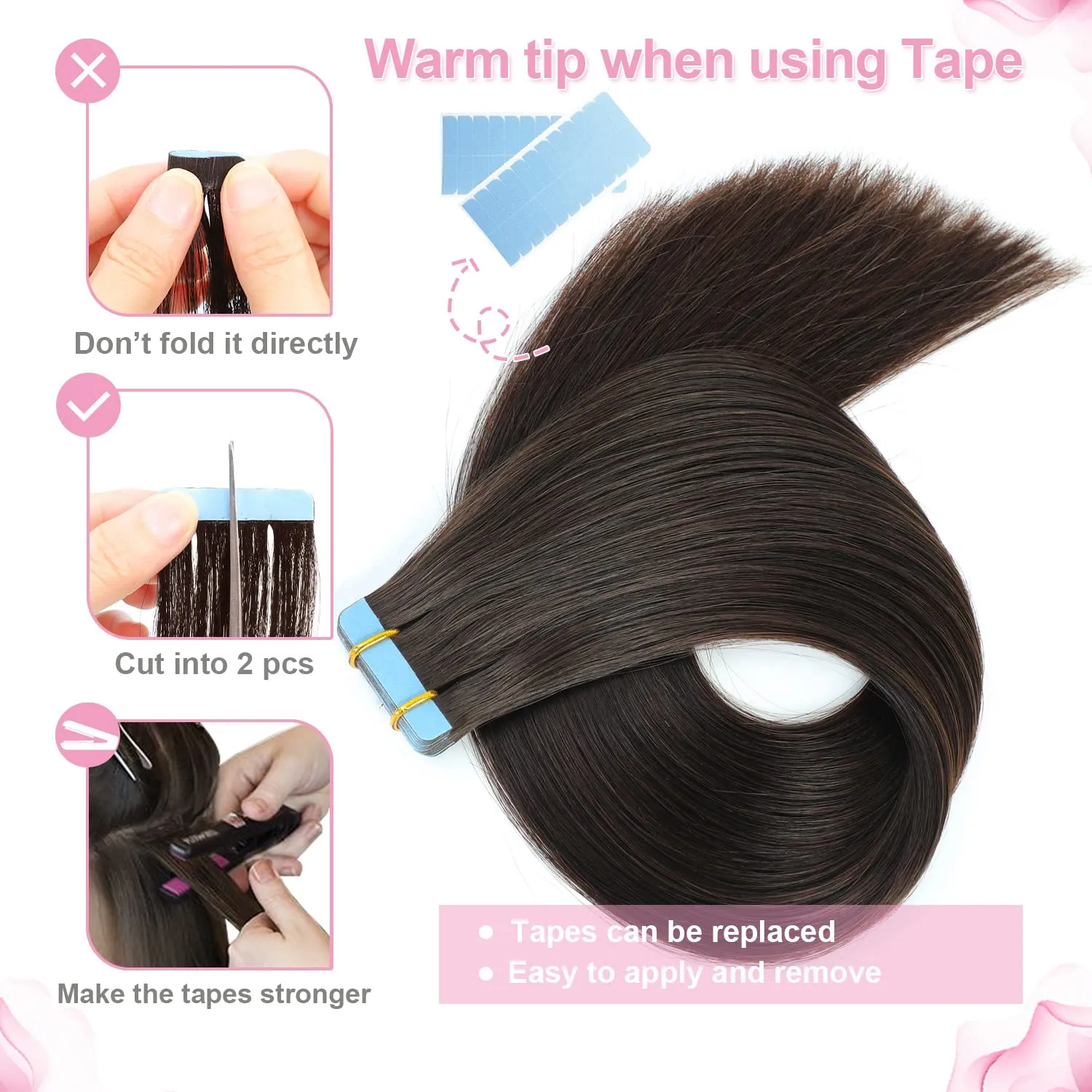 Evala Tape-in Hair Extensions - Dark Brown Human Hair, 20pcs 40g, 14 Inch