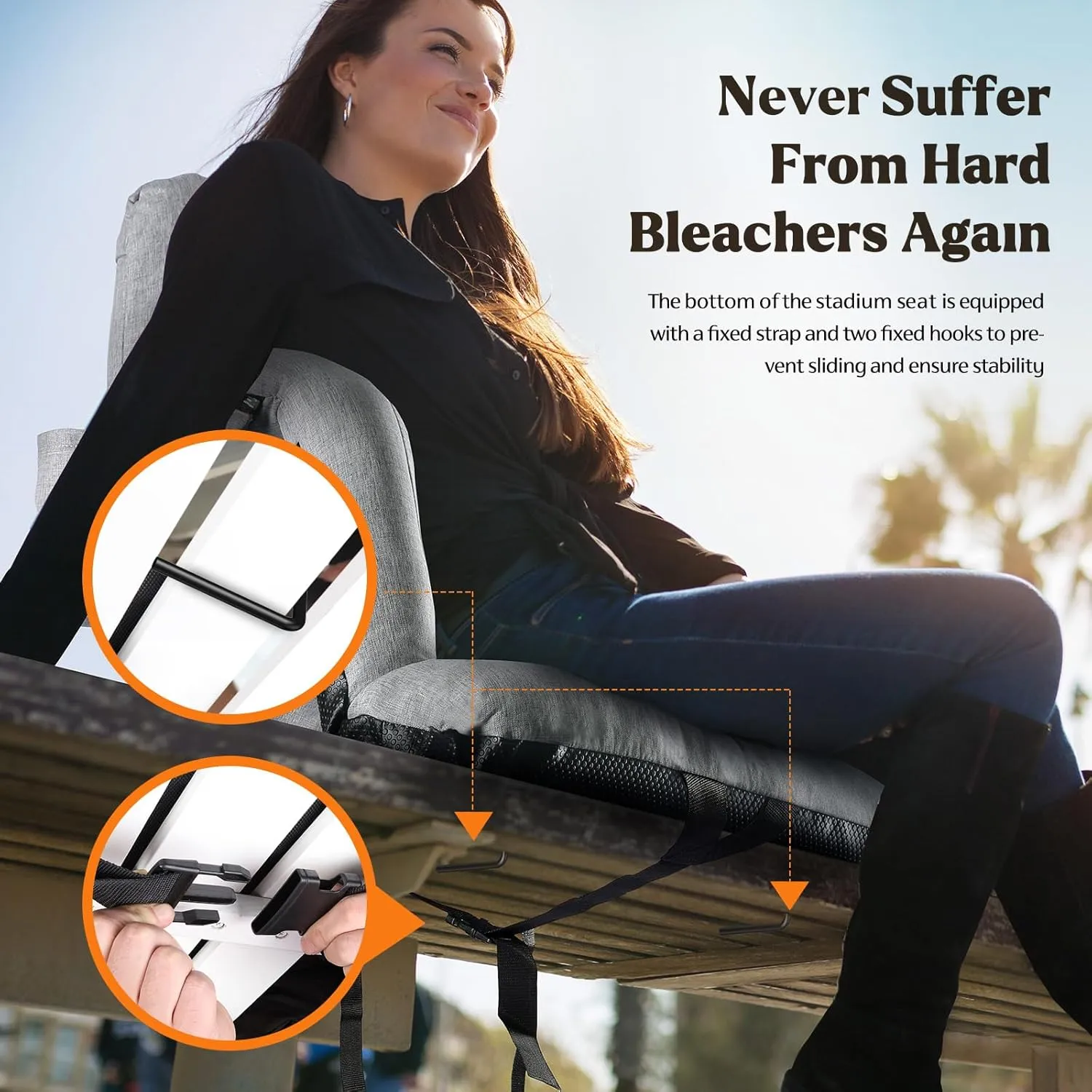 Extra Wide Stadium Seats with Back Support, Bleacher Chairs with Back and Cushion, 6 Reclining Positions, Stadium Chair Bleacher Seat with Armrests for Sport Events, Camping, Concerts (Grey, 25")