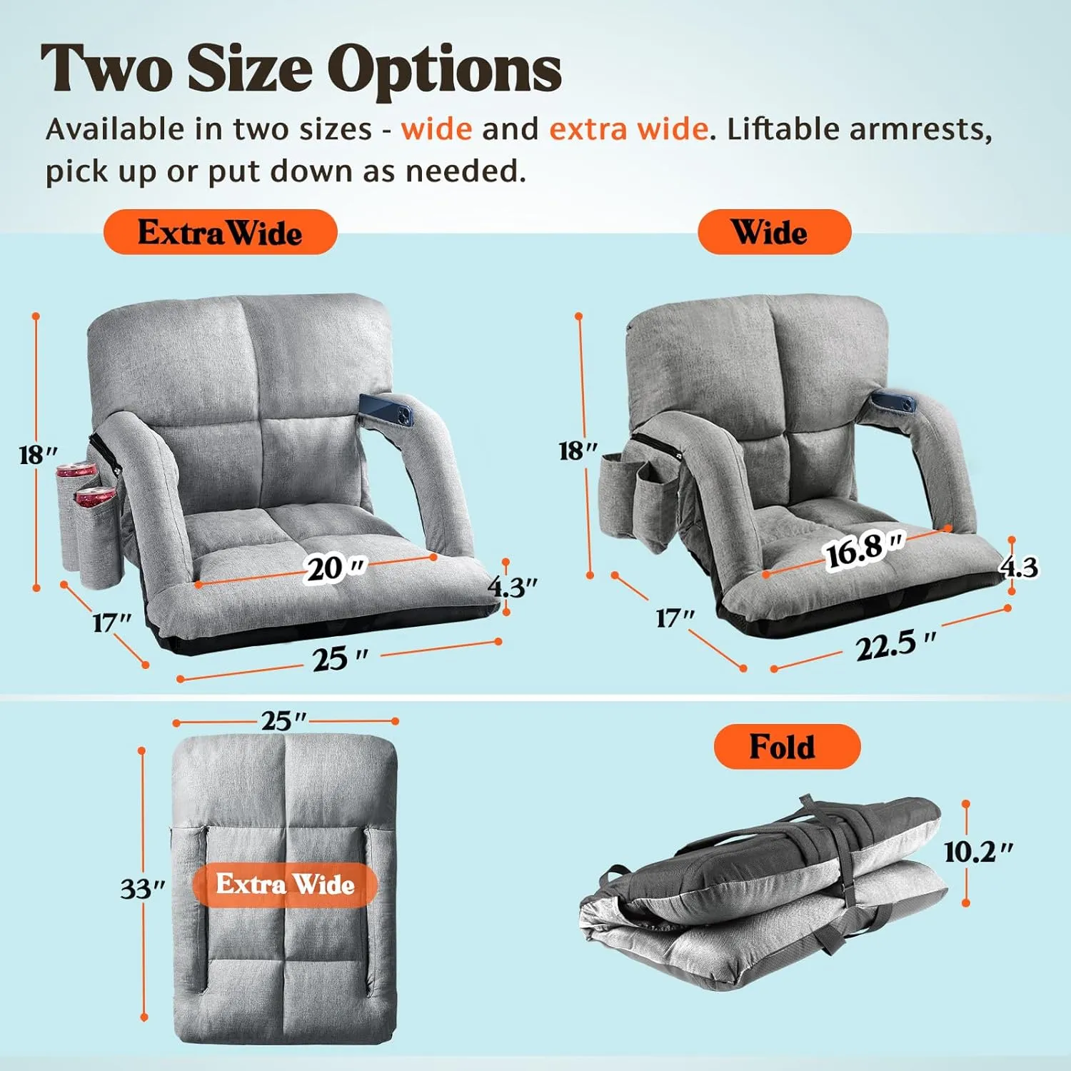 Extra Wide Stadium Seats with Back Support, Bleacher Chairs with Back and Cushion, 6 Reclining Positions, Stadium Chair Bleacher Seat with Armrests for Sport Events, Camping, Concerts (Grey, 25")