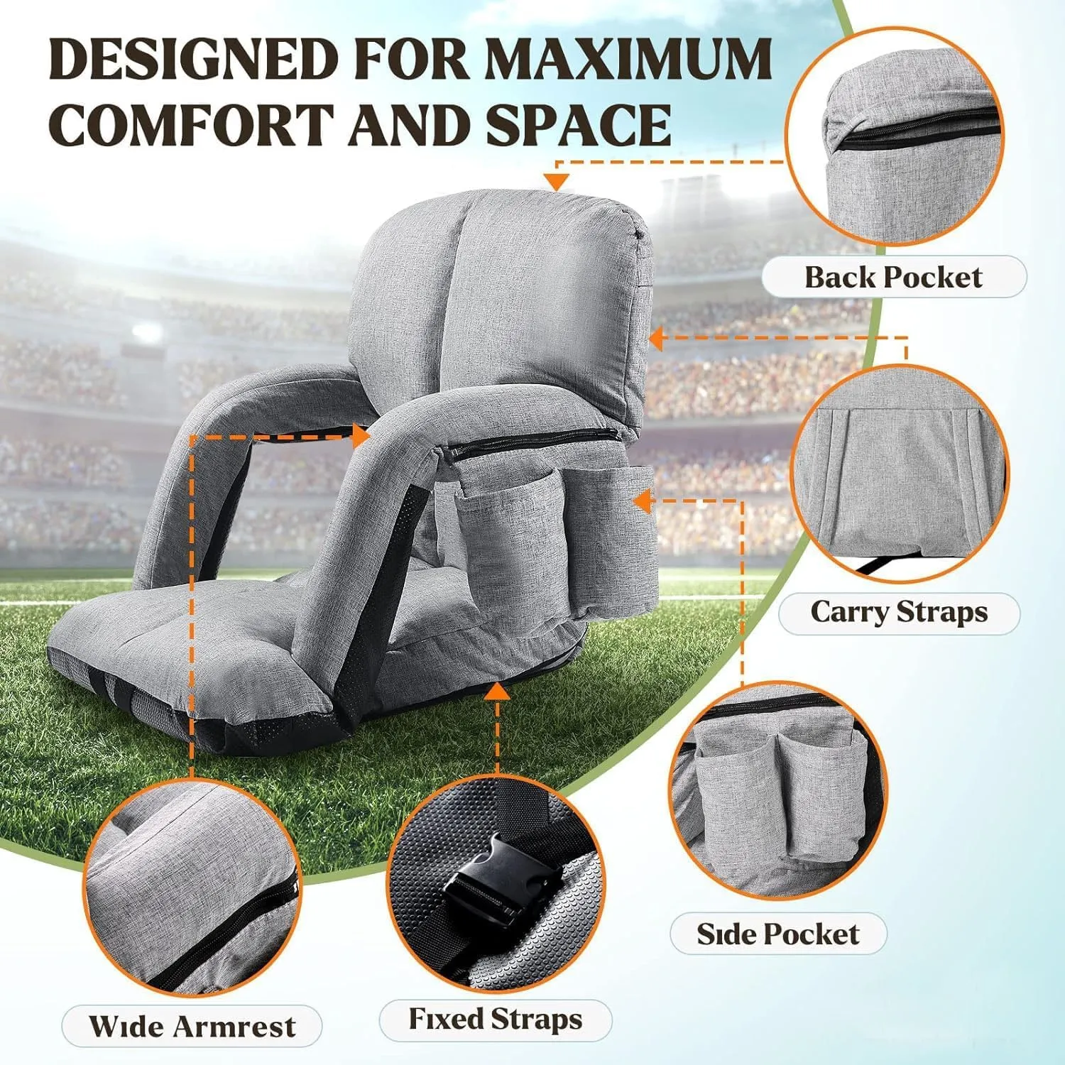 Extra Wide Stadium Seats with Back Support, Bleacher Chairs with Back and Cushion, 6 Reclining Positions, Stadium Chair Bleacher Seat with Armrests for Sport Events, Camping, Concerts (Grey, 25")