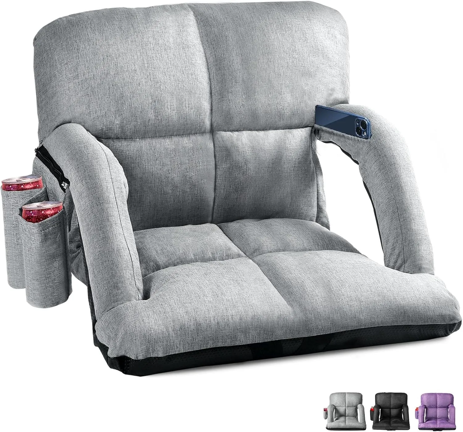 Extra Wide Stadium Seats with Back Support, Bleacher Chairs with Back and Cushion, 6 Reclining Positions, Stadium Chair Bleacher Seat with Armrests for Sport Events, Camping, Concerts (Grey, 25")