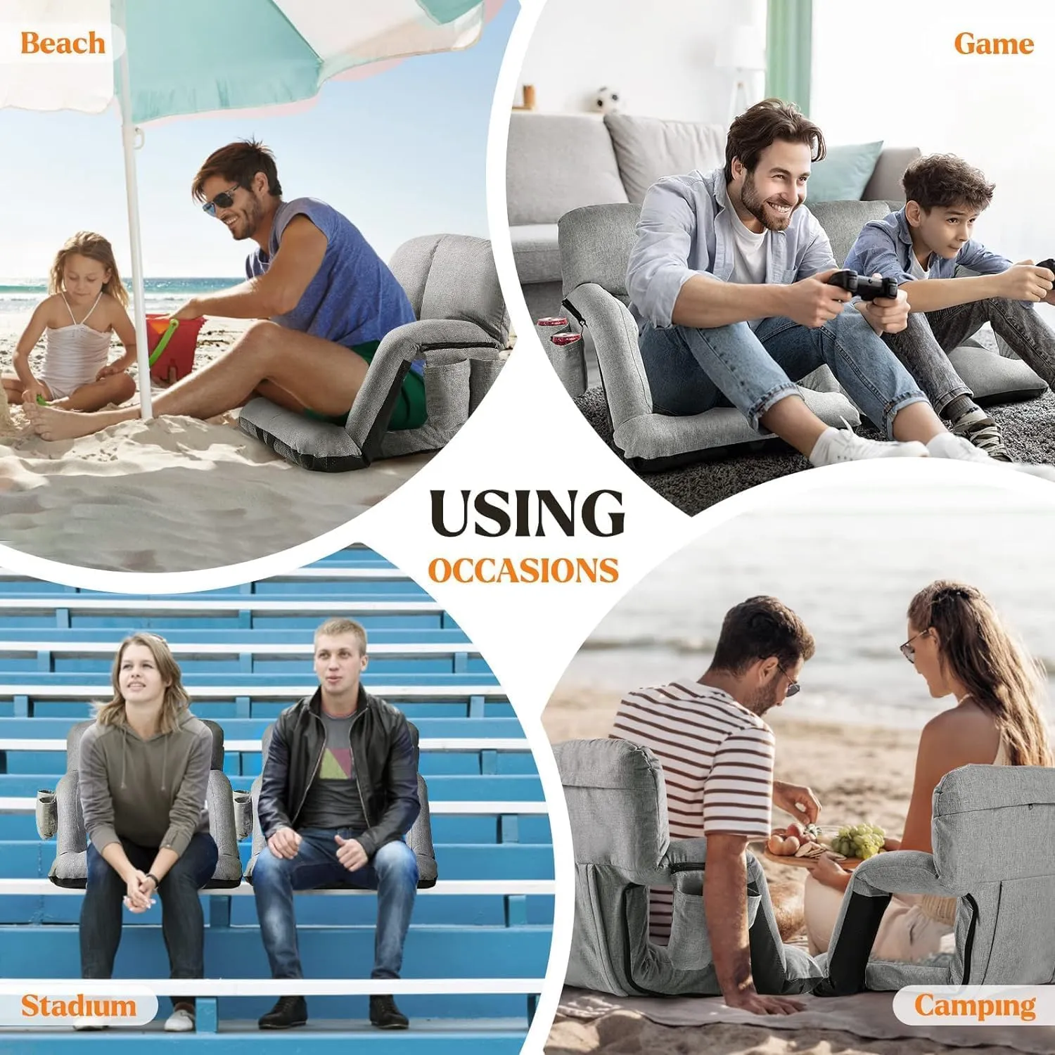 Extra Wide Stadium Seats with Back Support, Bleacher Chairs with Back and Cushion, 6 Reclining Positions, Stadium Chair Bleacher Seat with Armrests for Sport Events, Camping, Concerts (Grey, 25")