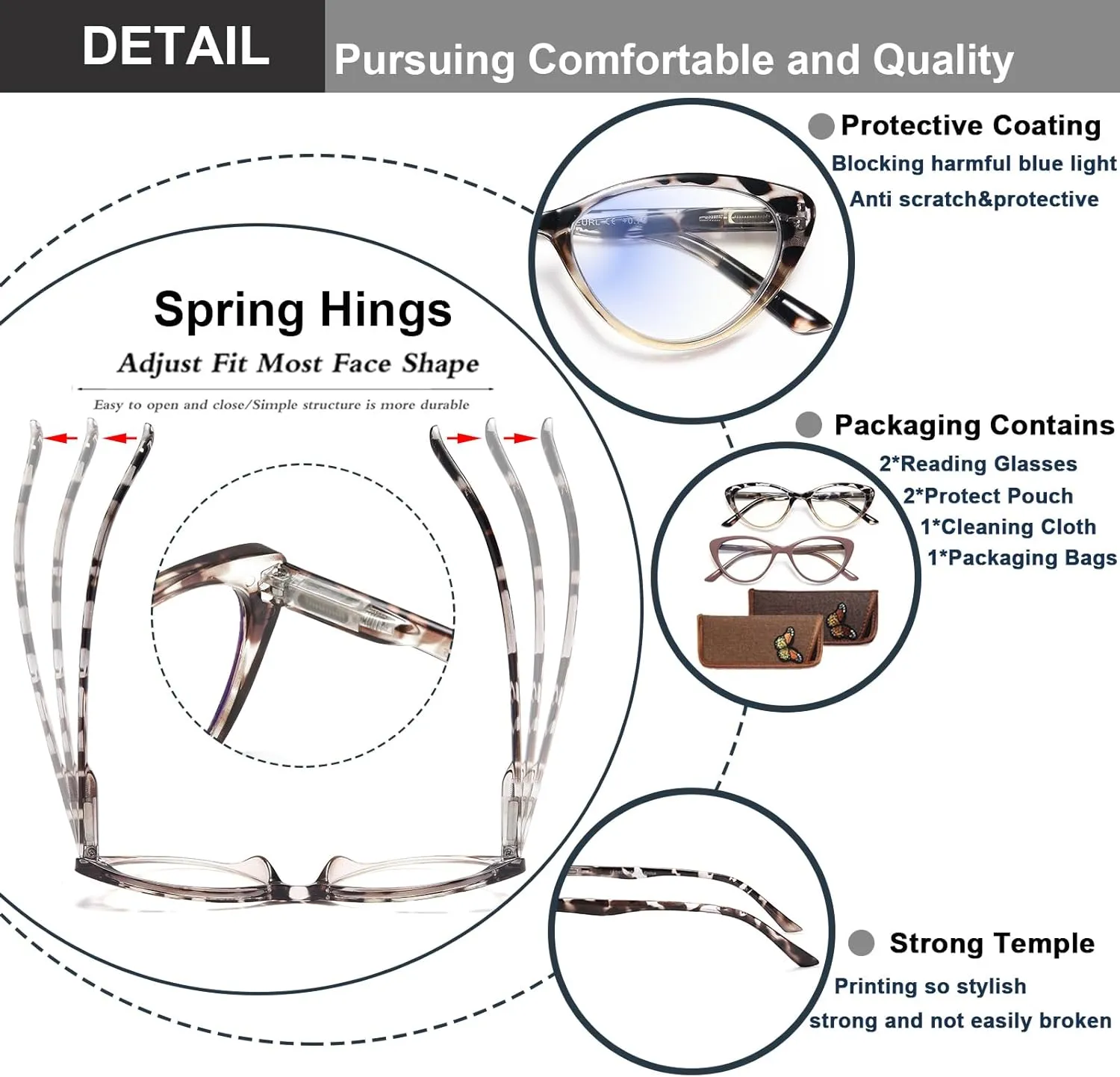 EYEURL Cat Eye Reading Glasses for Women 2 Pair Blue Light Blocking Readers 2.00 Comfort Spring Hinge Lightweight Eyeglasses Anti Glare for Ladies