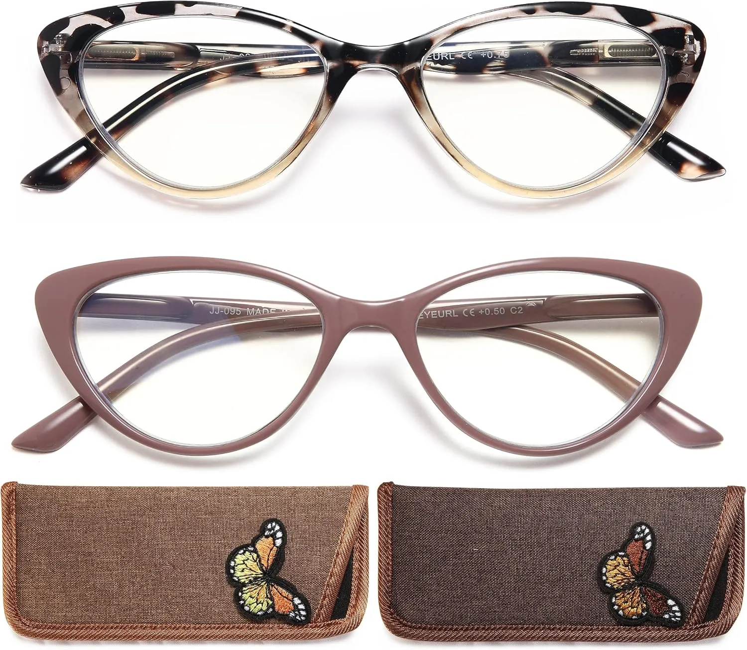 EYEURL Cat Eye Reading Glasses for Women 2 Pair Blue Light Blocking Readers 2.00 Comfort Spring Hinge Lightweight Eyeglasses Anti Glare for Ladies