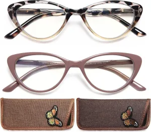 EYEURL Cat Eye Reading Glasses for Women 2 Pair Blue Light Blocking Readers 2.00 Comfort Spring Hinge Lightweight Eyeglasses Anti Glare for Ladies