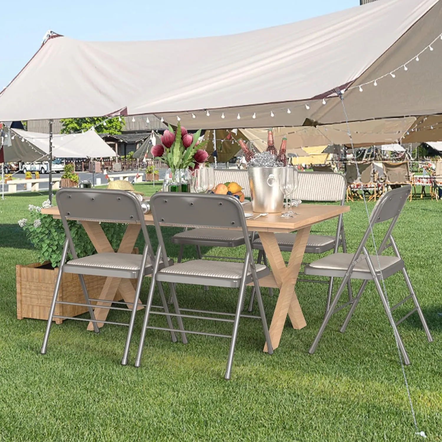 Fabric Padded Folding Chair Set, Metal Steel Foldable Chairs with Upholstered Seat and Back, Folding Chairs for Home & Office, Reception Room Church Wedding Events, 330lbs Capacity (2 Pack, Khaki)