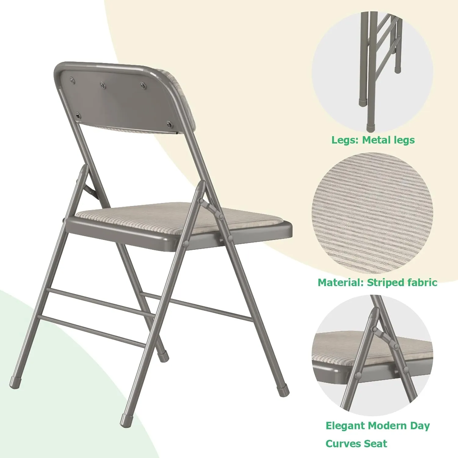 Fabric Padded Folding Chair Set, Metal Steel Foldable Chairs with Upholstered Seat and Back, Folding Chairs for Home & Office, Reception Room Church Wedding Events, 330lbs Capacity (2 Pack, Khaki)