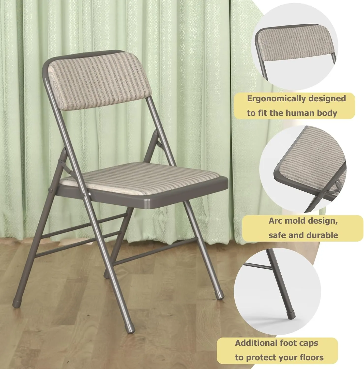 Fabric Padded Folding Chair Set, Metal Steel Foldable Chairs with Upholstered Seat and Back, Folding Chairs for Home & Office, Reception Room Church Wedding Events, 330lbs Capacity (2 Pack, Khaki)