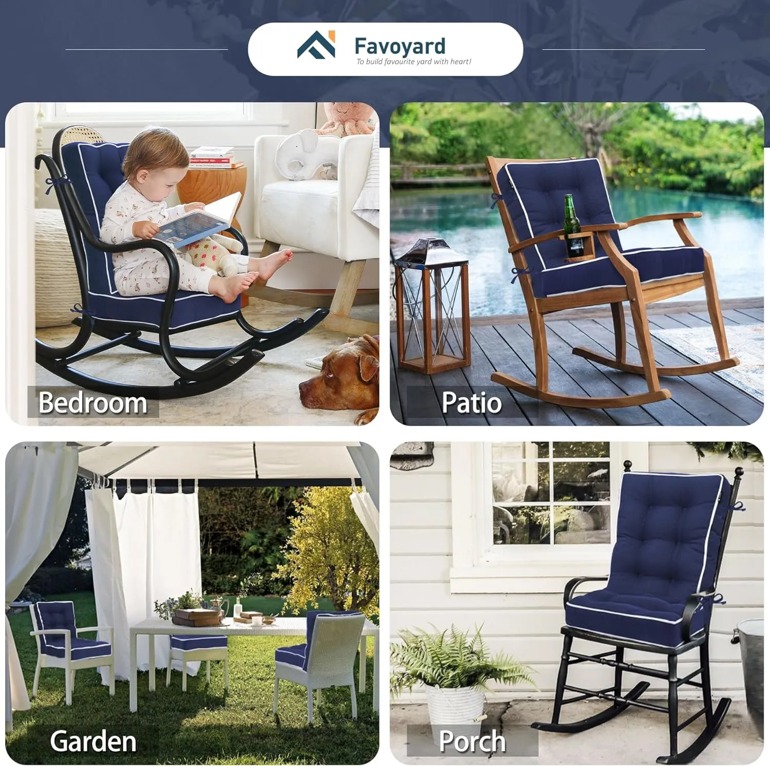 Favoyard Rocking Chair Cushion Set, Indoor & Outdoor Rocker Cushions, Water Resistant Seat Cushion Set for Patio Furniture 3-Year Color Fastness Chair Pads with Ties, Blue