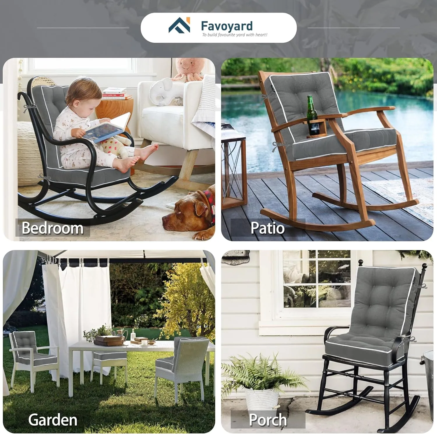 Favoyard Rocking Chair Cushion Set, Indoor & Outdoor Rocker Cushions, Water Resistant Seat Cushion Set for Patio Furniture 3-Year Color Fastness Chair Pads with Ties, Dark Gray