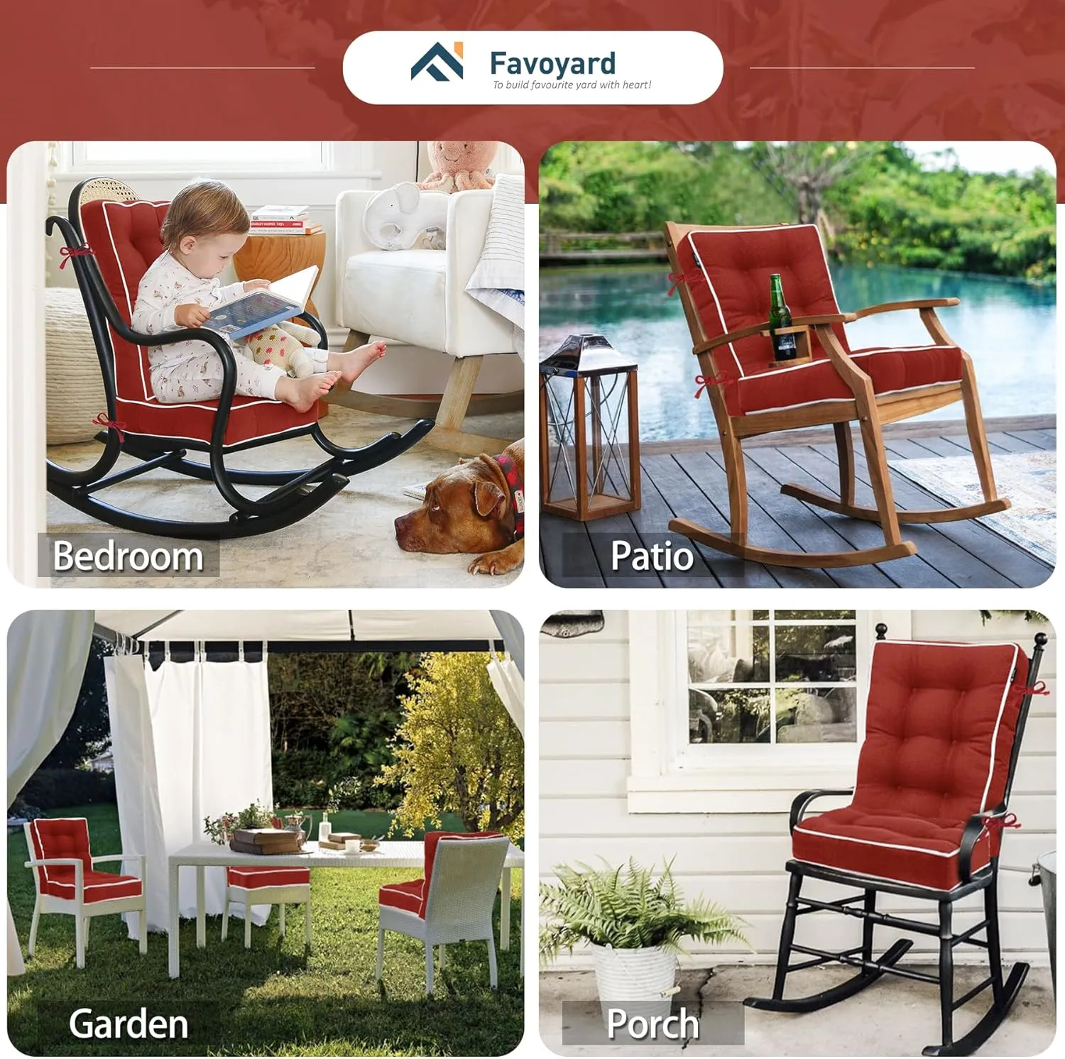 Favoyard Rocking Chair Cushion Set, Indoor & Outdoor Rocker Cushions, Water Resistant Seat Cushion Set for Patio Furniture 3-Year Color Fastness Chair Pads with Ties, Red