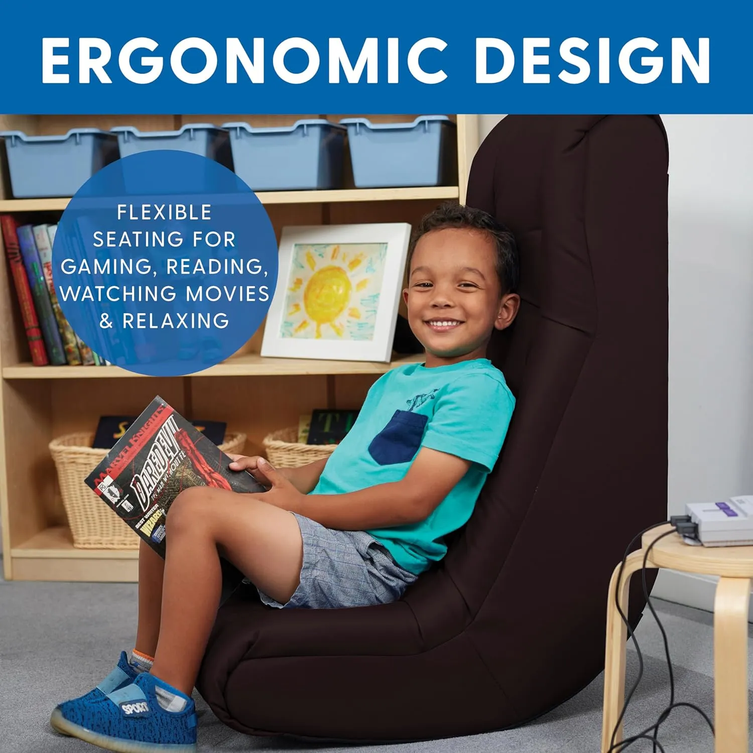 FDP Tufted Floor Rocker for Kids, Teens and Adults; Comfortable, Ergonomic Chair for Reading, Playing Video Games, or Watching TV - Dark Gray, 10488-DG