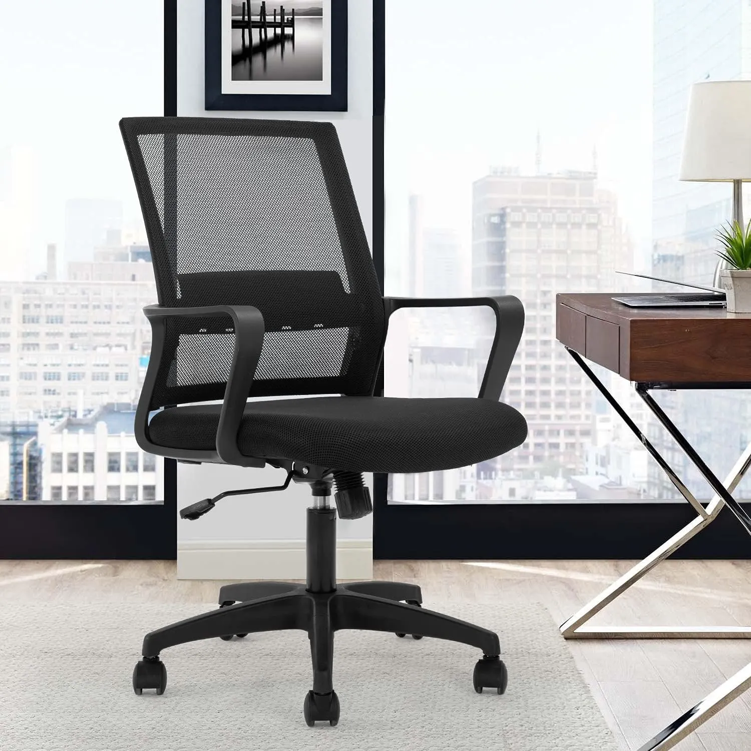 FDW Office Chair Ergonomic Desk Chair Mid-Back Mesh Computer Chair Lumbar Support Comfortable Executive Adjustable Rolling Swivel Task Chair with Armrests,Black