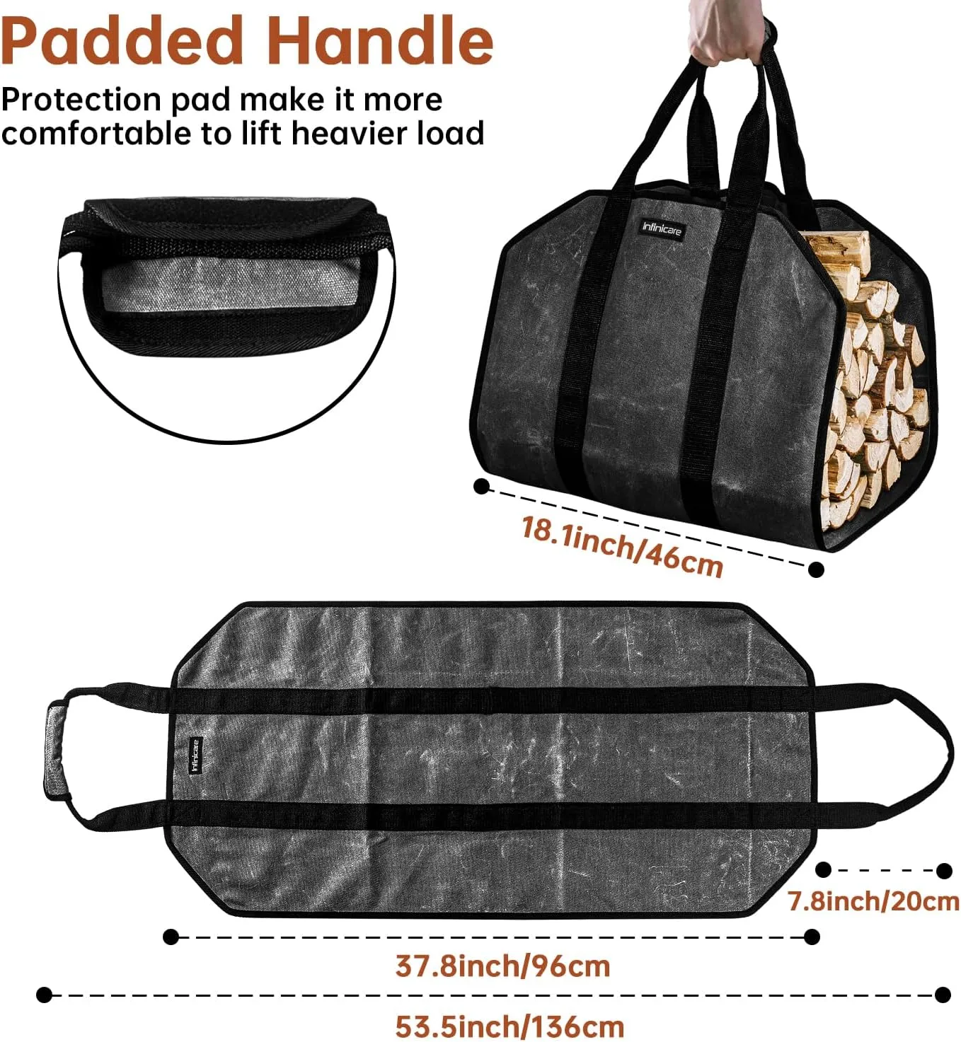 Firewood Carrier with Handles - 2pcs Heavy Duty Canvas Firewood Bag with Handles | Durable Wood Carrier for Firewood | Suitable for Indoor Fireplace and Outdoor Camping - Brown & Black