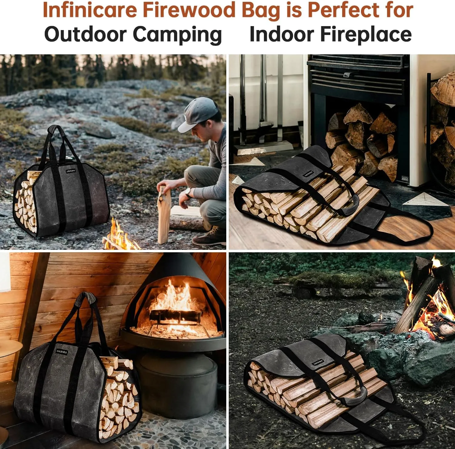 Firewood Carrier with Handles - 2pcs Heavy Duty Canvas Firewood Bag with Handles | Durable Wood Carrier for Firewood | Suitable for Indoor Fireplace and Outdoor Camping - Brown & Black