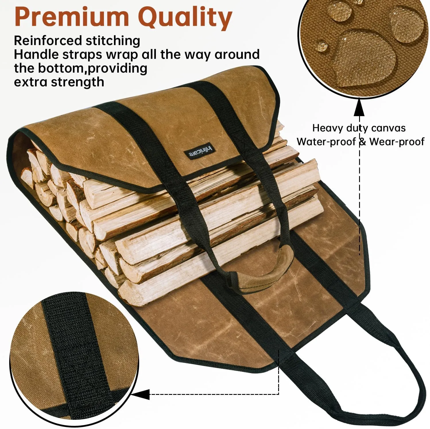 Firewood Carrier with Handles - 2pcs Heavy Duty Canvas Firewood Bag with Handles | Durable Wood Carrier for Firewood | Suitable for Indoor Fireplace and Outdoor Camping - Brown & Black