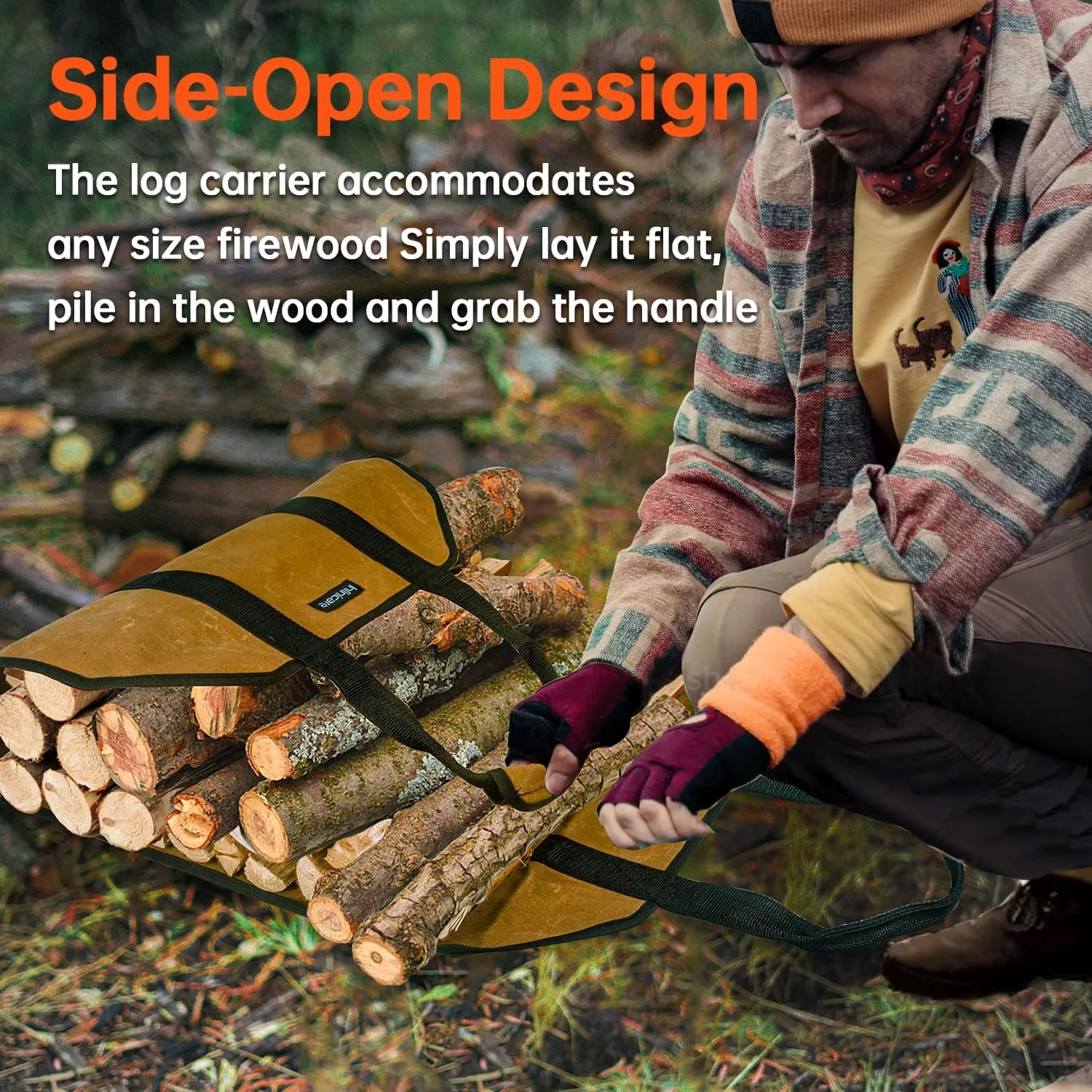 Firewood Carrier with Handles - 2pcs Heavy Duty Canvas Firewood Bag with Handles | Durable Wood Carrier for Firewood | Suitable for Indoor Fireplace and Outdoor Camping - Brown & Black