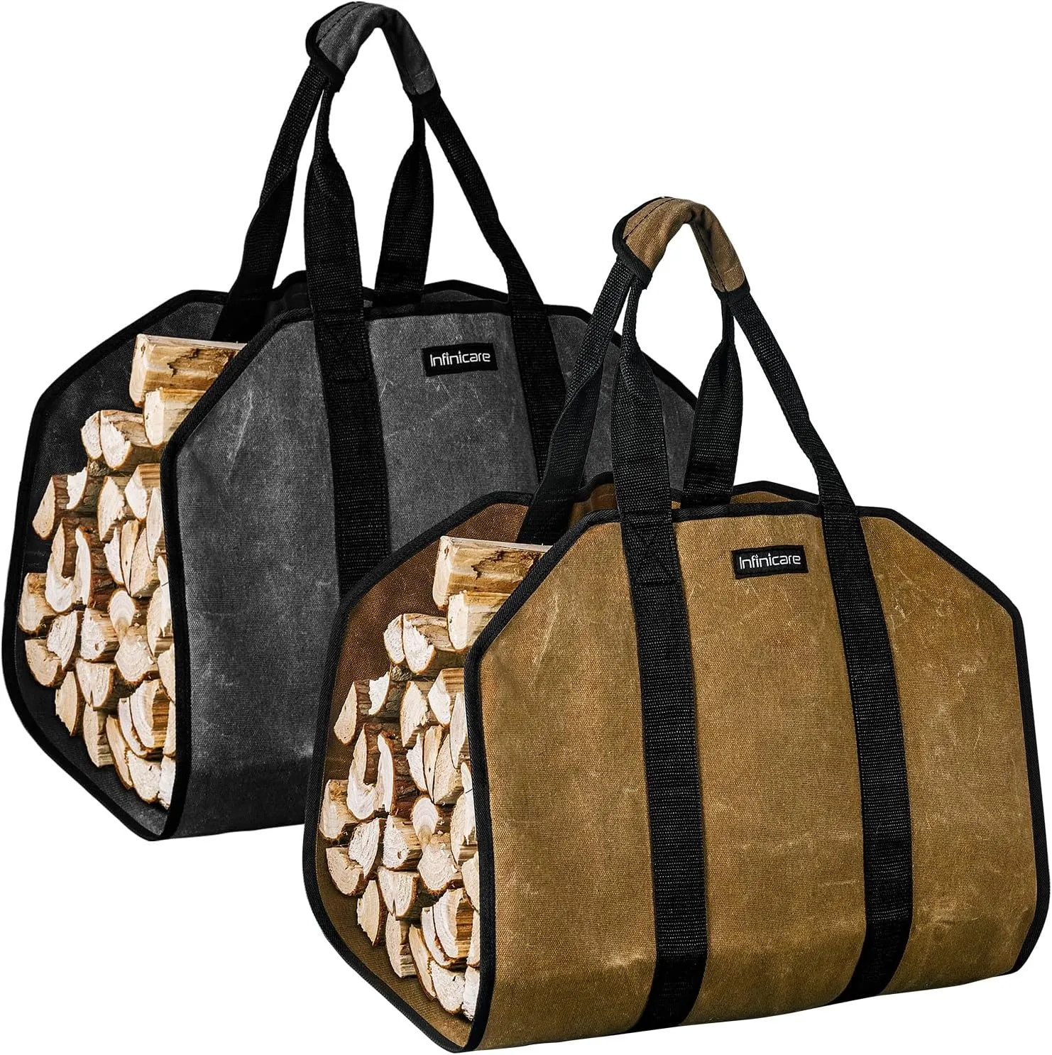 Firewood Carrier with Handles - 2pcs Heavy Duty Canvas Firewood Bag with Handles | Durable Wood Carrier for Firewood | Suitable for Indoor Fireplace and Outdoor Camping - Brown & Black