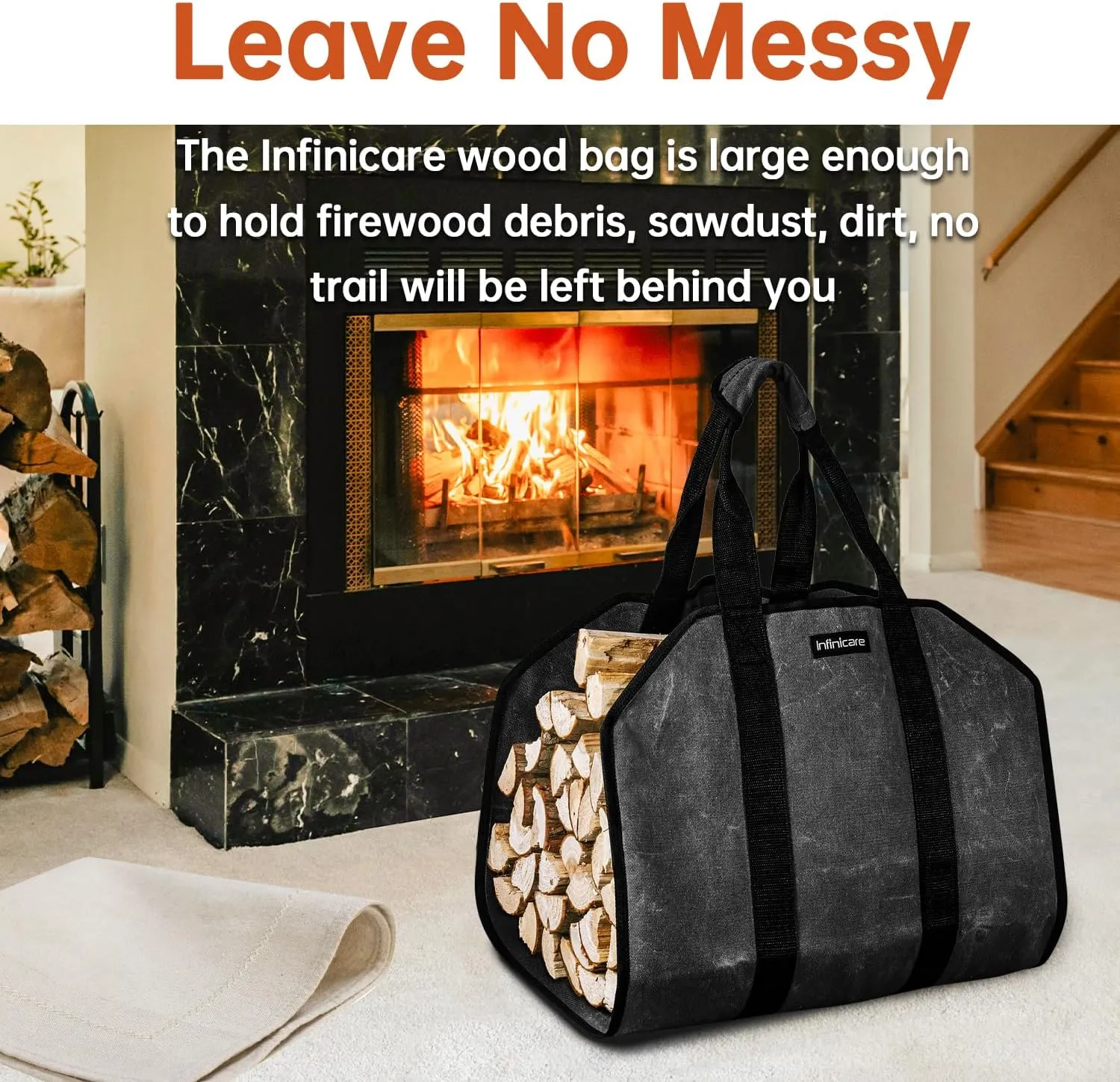 Firewood Carrier with Handles - 2pcs Heavy Duty Canvas Firewood Bag with Handles | Durable Wood Carrier for Firewood | Suitable for Indoor Fireplace and Outdoor Camping - Brown & Black