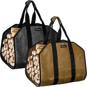 Firewood Carrier with Handles - 2pcs Heavy Duty Canvas Firewood Bag with Handles | Durable Wood Carrier for Firewood | Suitable for Indoor Fireplace and Outdoor Camping - Brown & Black
